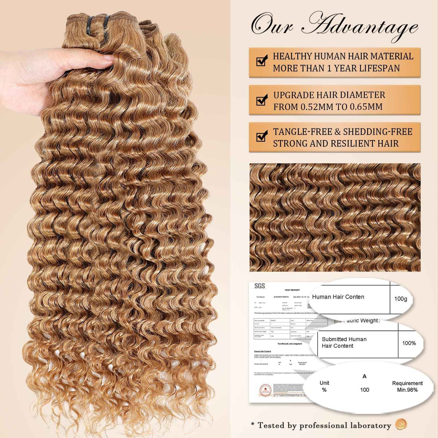 inlovwith Honey Blonde Deep Wave Human Hair Bundles, Selected Healthy Deep Curly Bundles Human Hair 27# Colored Brazilian Virgin Hair Wet and Wavy (Single Bundle, 18 Inches)