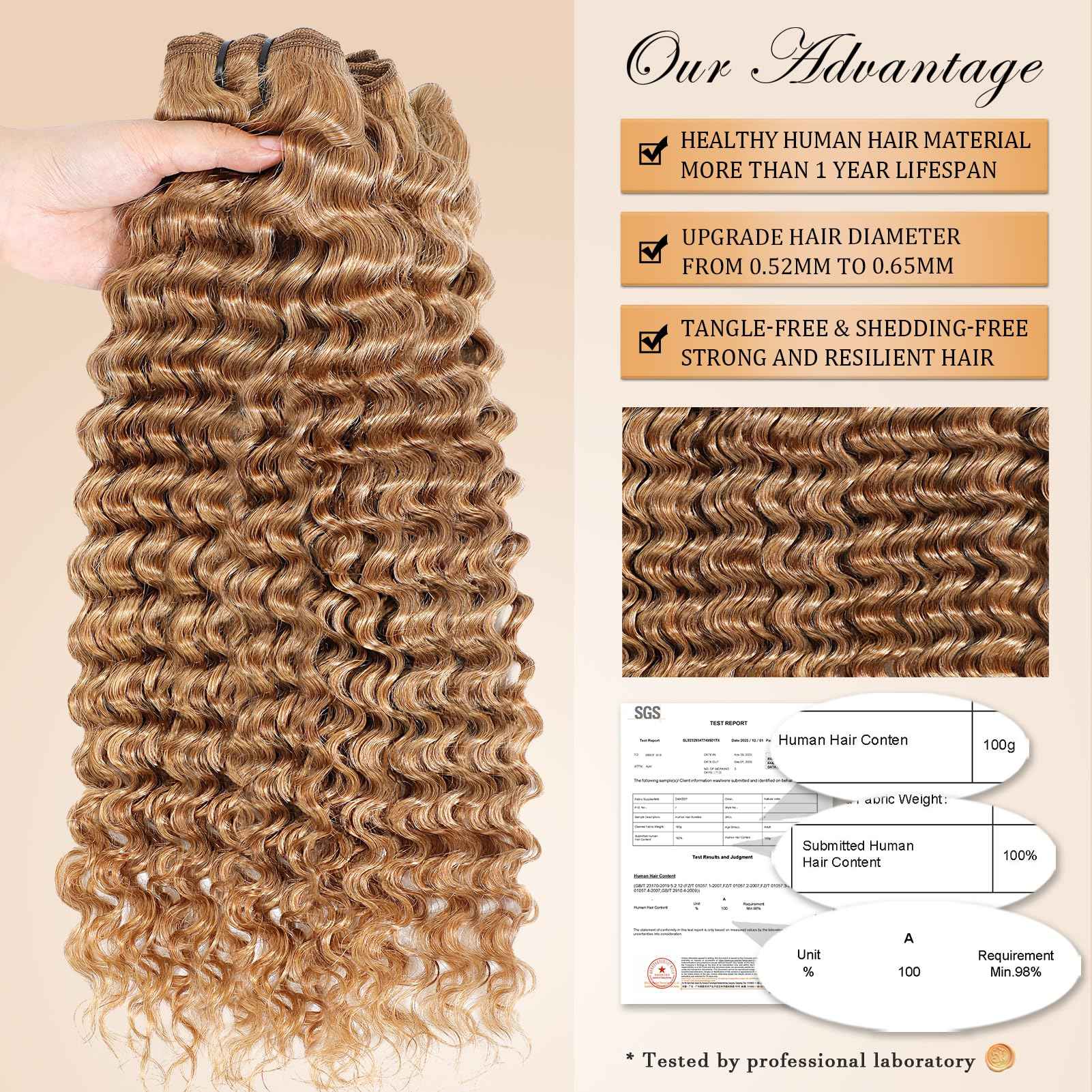 inlovwith Honey Blonde Deep Wave Human Hair Bundles, Selected Healthy Deep Curly Bundles Human Hair 27# Colored Brazilian Virgin Hair Wet and Wavy (Single Bundle, 18 Inches)