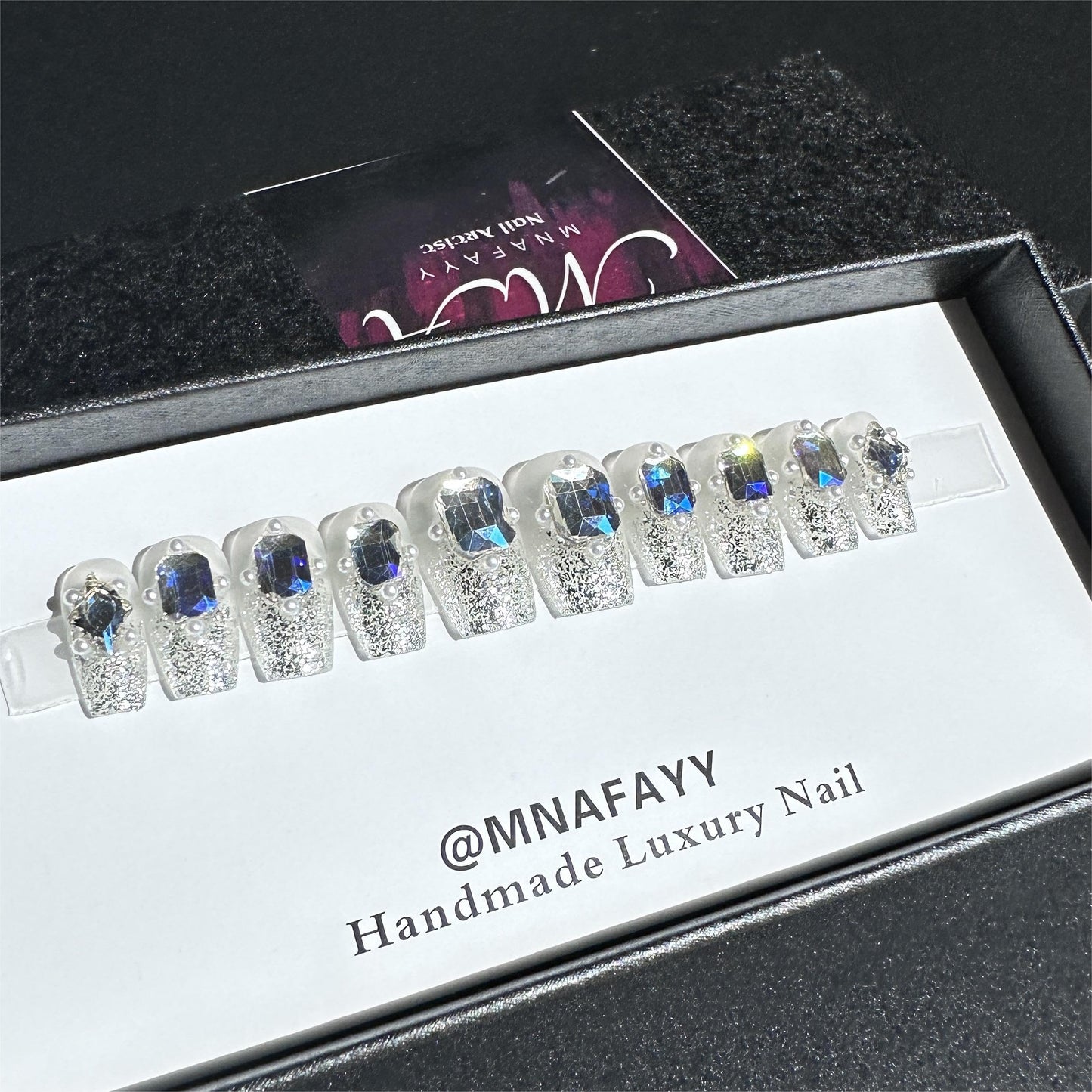 MNAFAYY Luxury Gems 100% Handmade Nails Short Medium Press On Nails Full Cover 3D Rhinestone Crystal Gorgeous Reusable UV Finished Fake False Nails Acrylic Nail Kit Box Gifts for Women S