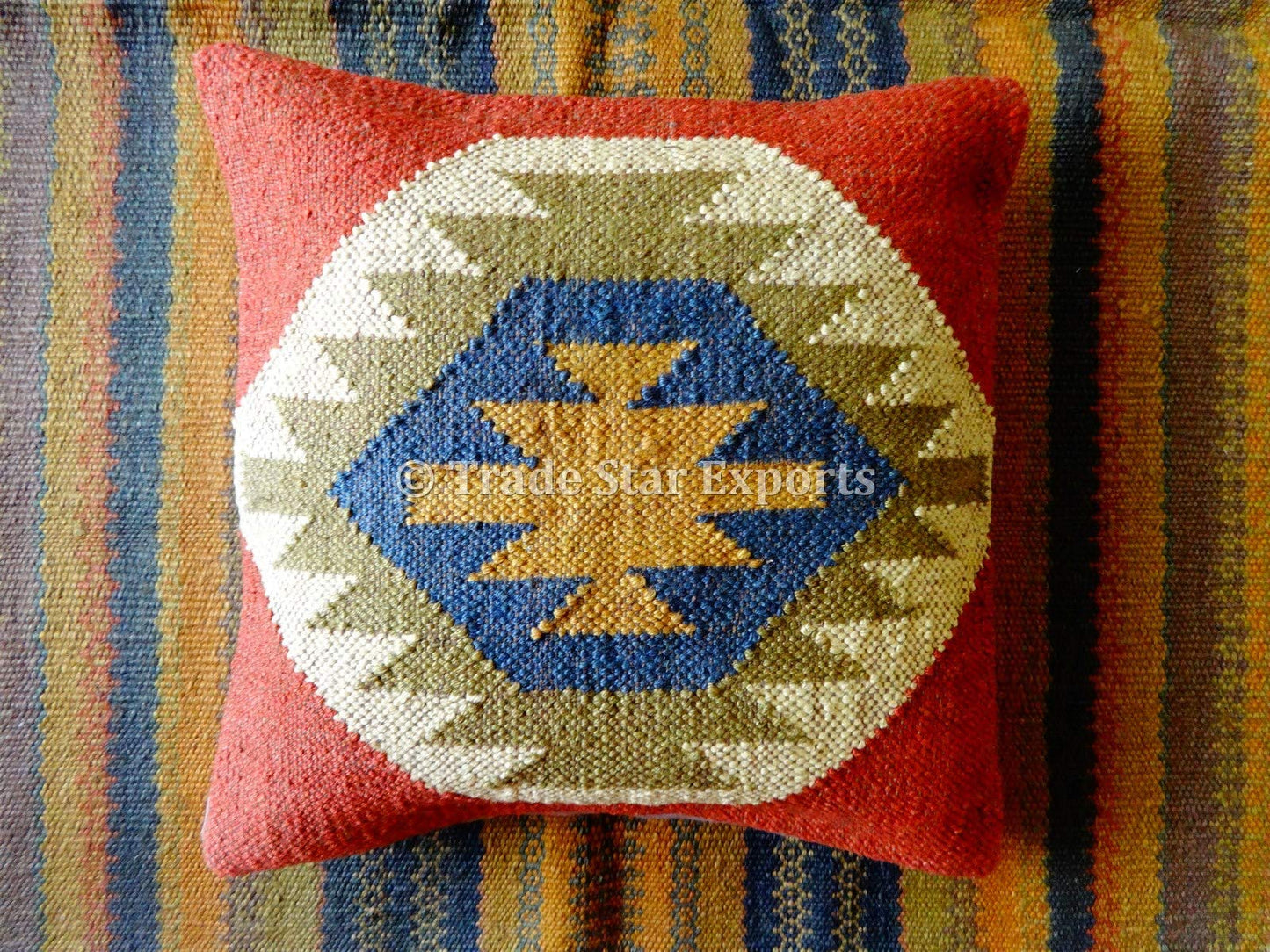 Trade Star Indian Kilim Pillow Cover 18x18 Inches Boho Jute Wool Cushion Case Ethnic Square Housewarming Pillow for Living Room Authentic Decorative Handwoven Throw Cushion Cover for Sofa Couch