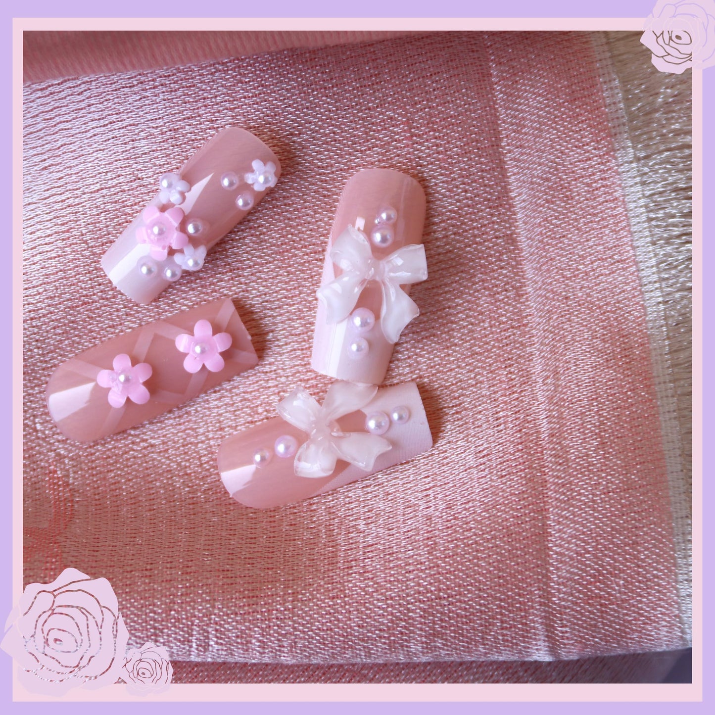 Pink Press on Nails Kit with Charms Gems French Tip Nails Press Ons Medium Square Fake Nails Artificial Coffin Gel Like Glossy 3D Flower Pearl White Bowknot False Nail Manicure for Women Girl