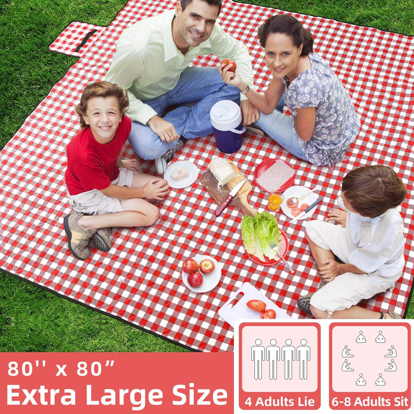 ZAZE Picnic Blanket Extra Large Waterproof, 80''x80''Checkered Picnic Blankets Beach, Outdoor, Camping on Grass Accessories Couple Ideas Wedding Registry Valentines Day (Red and White)