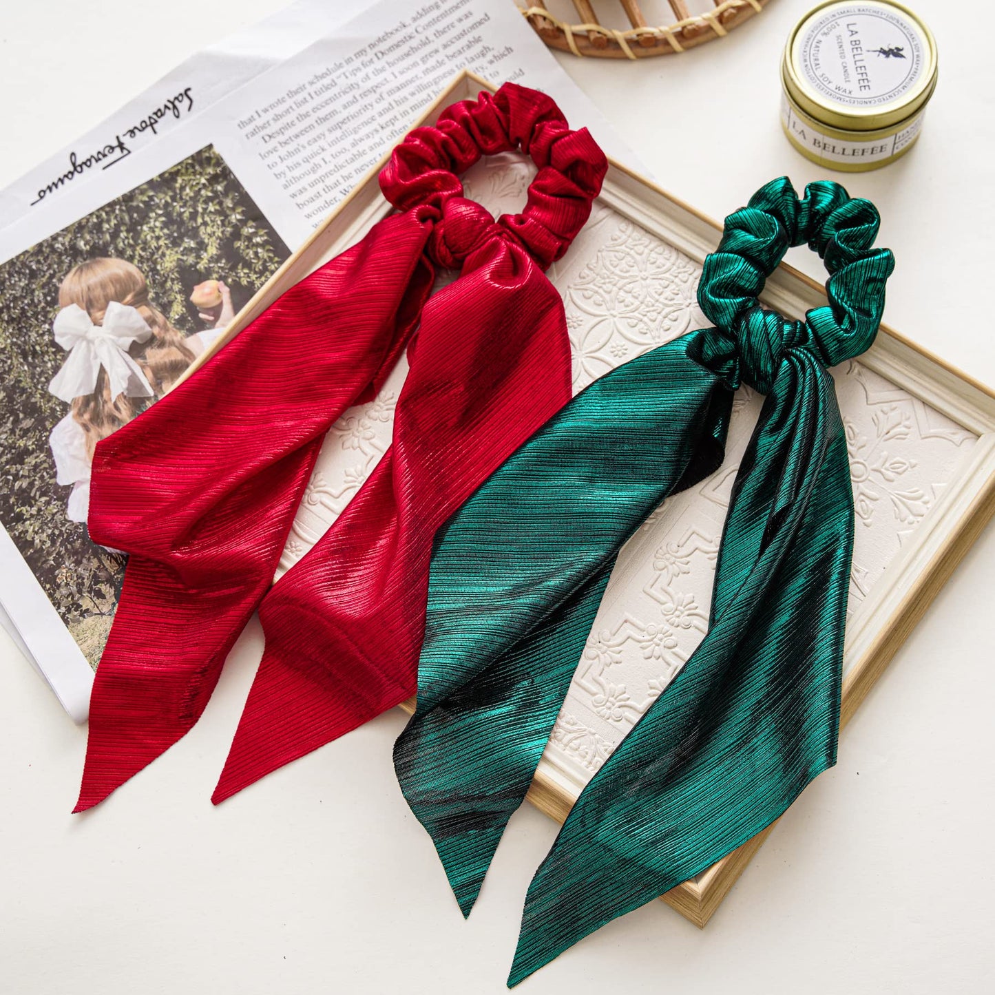 5 Colors Set Christmas Theme Scrunchies For Hair,Bright Solid Color Hair Scrunchies Satin Hair Ties Ponytail Holder Silky Soft No Hurt Your Hair