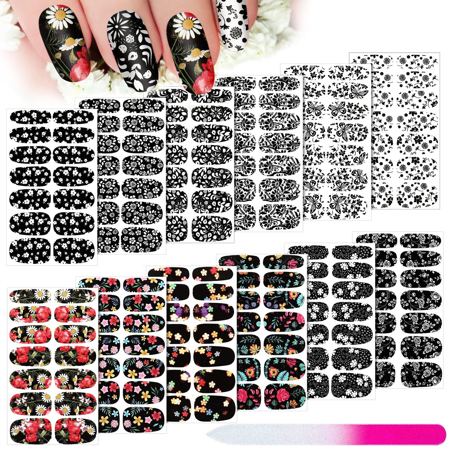 168 Pieces 12 Sheets Full Wraps Nail Polish Stickers Flower Print Self-Adhesive Nail Art Decal Strips Manicure Kits Colorful Flower Full Cover Nail Decal Strips with Nail File (Classic Style)