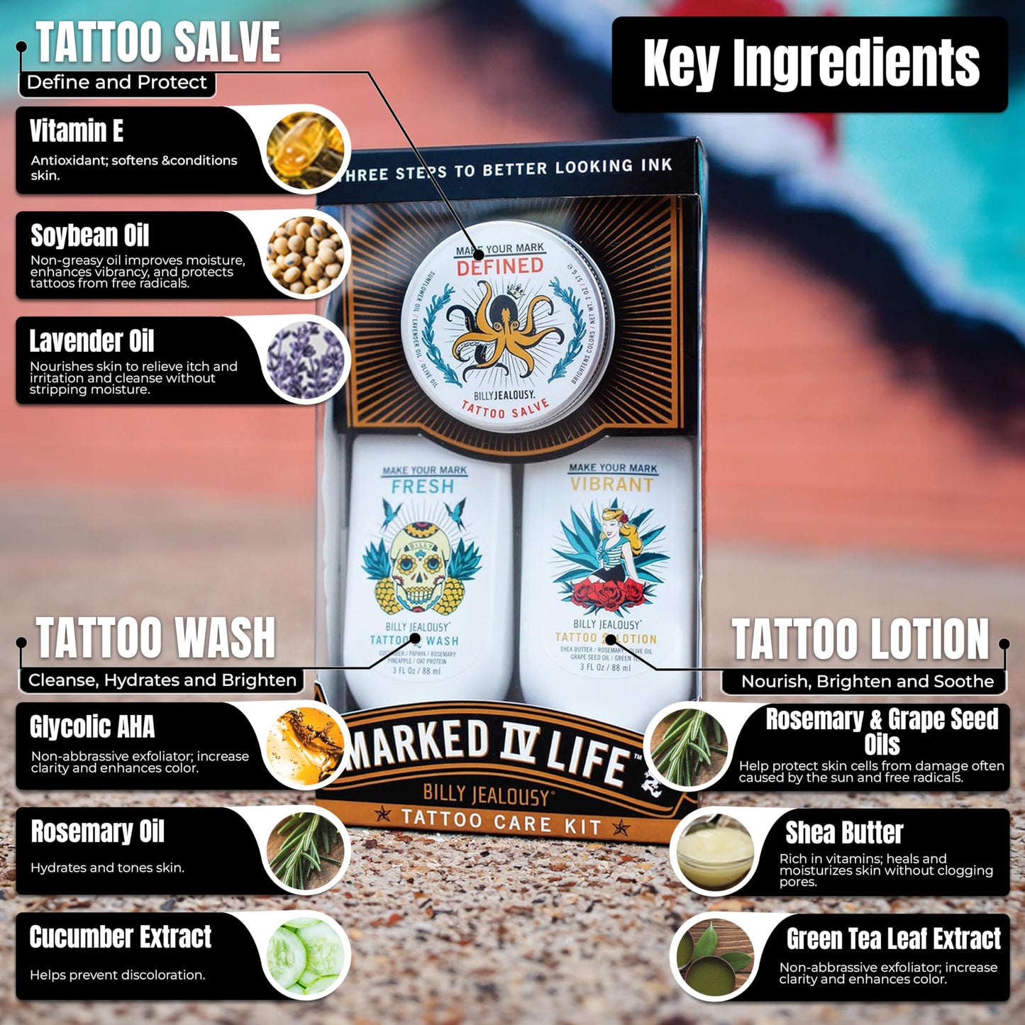 Billy Jealousy Marked IV Life Complete Tattoo Care Kit, Includes Tattoo Defining Aftercare Salve, Brightening Tattoo Wash and Moisturizing Tattoo Lotion, Travel Friendly Size