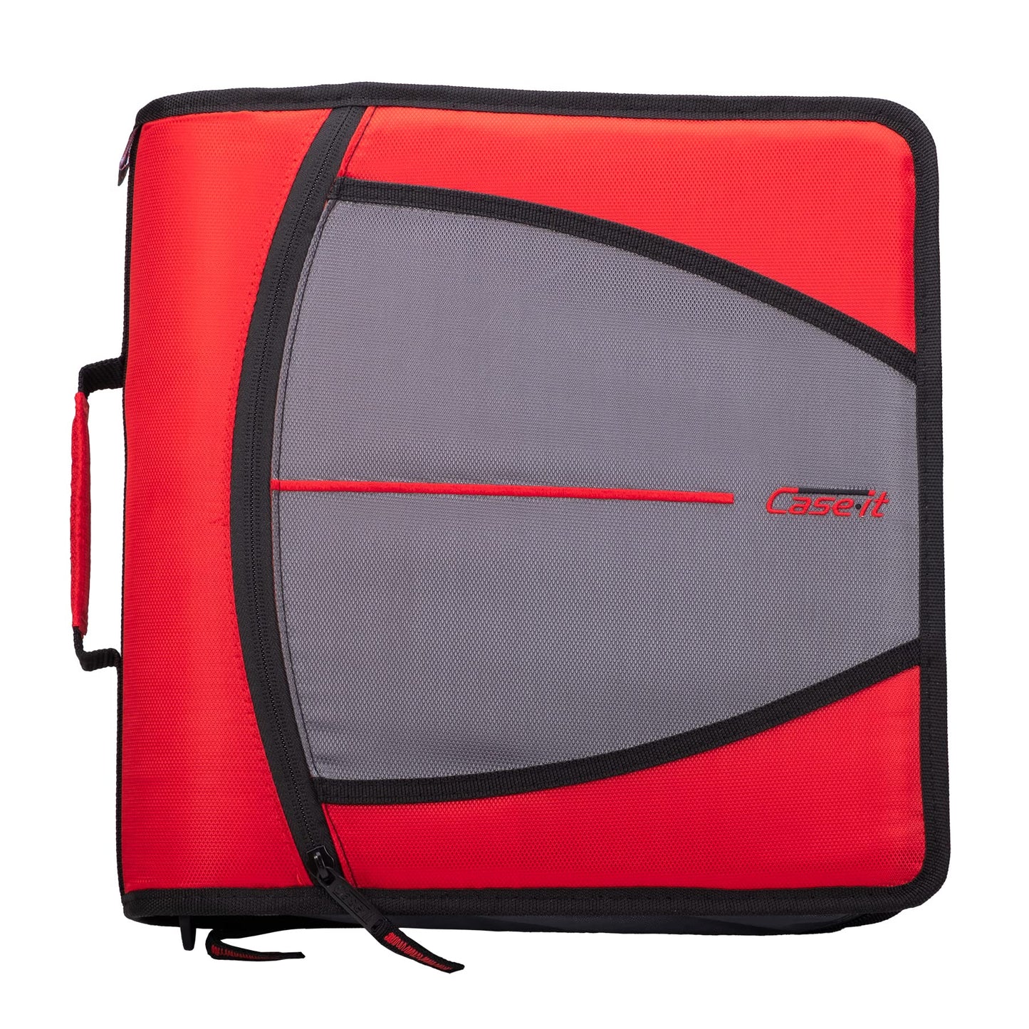 Case-it The Mighty Zip Tab Zipper Binder - 3 Inch O-Rings - 5 Color Tab Expanding File Folder - Multiple Pockets - 600 Sheet Capacity - Comes with Shoulder Strap - Fire Engine Red D-146