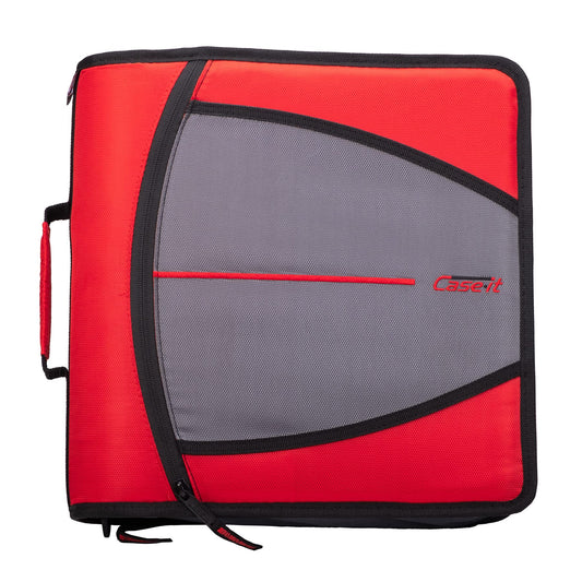 Case-it The Mighty Zip Tab Zipper Binder - 3 Inch O-Rings - 5 Color Tab Expanding File Folder - Multiple Pockets - 600 Sheet Capacity - Comes with Shoulder Strap - Fire Engine Red D-146