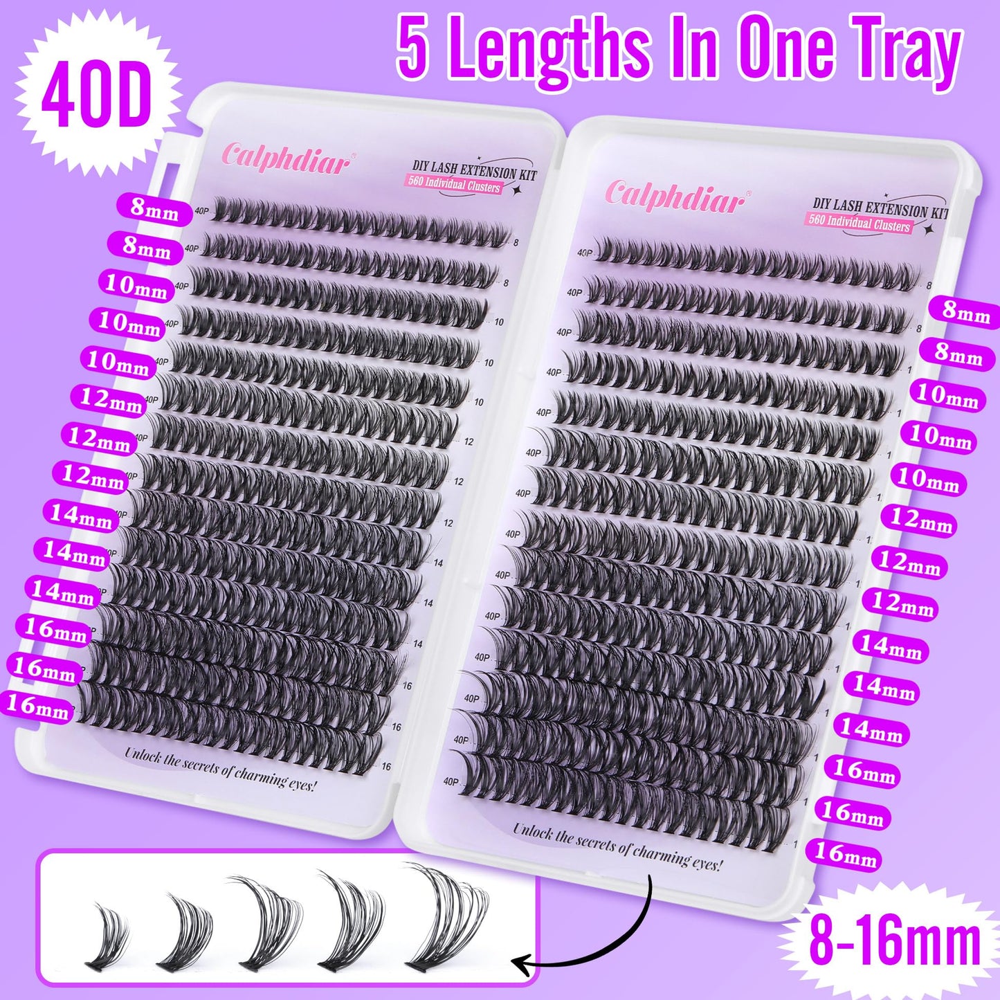 DIY Lash Extension Kit 560pcs D Curl Lash Clusters 40D Eyelash Extension Kit 8-16mm Individual Lashes Wispy Eyelash Clusters with Lash Bond and Seal and Lash Tweezers by Calphdiar