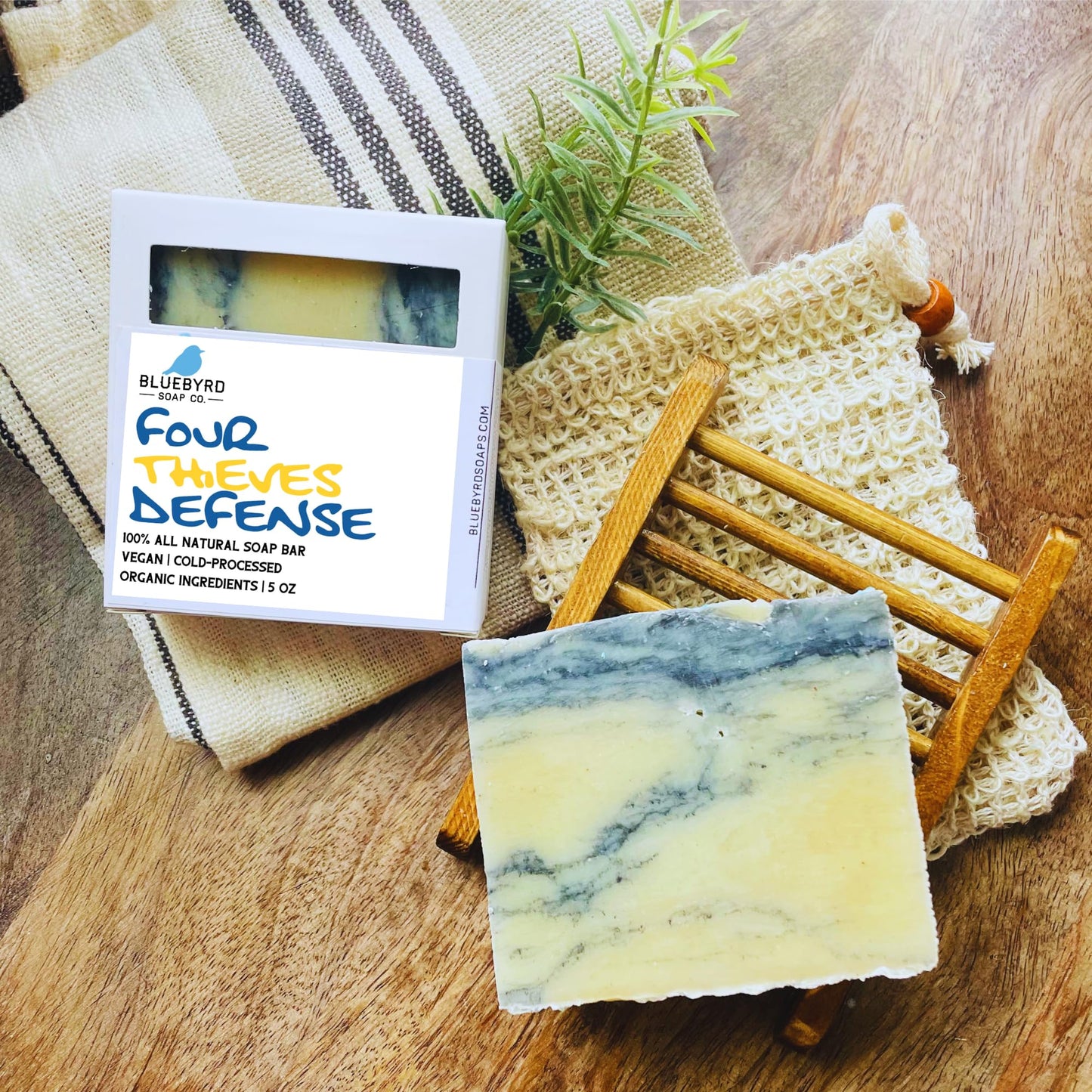 Bluebyrd Soap Co. Defender Thieves Blend Essential Oil Soap Bar 5oz | 100% All Natural Bar Soap Made with Four Thieves Essential Oil Blends | Natural Defense Soap Bar | Cleansing Thieves Defense Body Wash Bars Fragranced with 100% Essential Oils Handmade