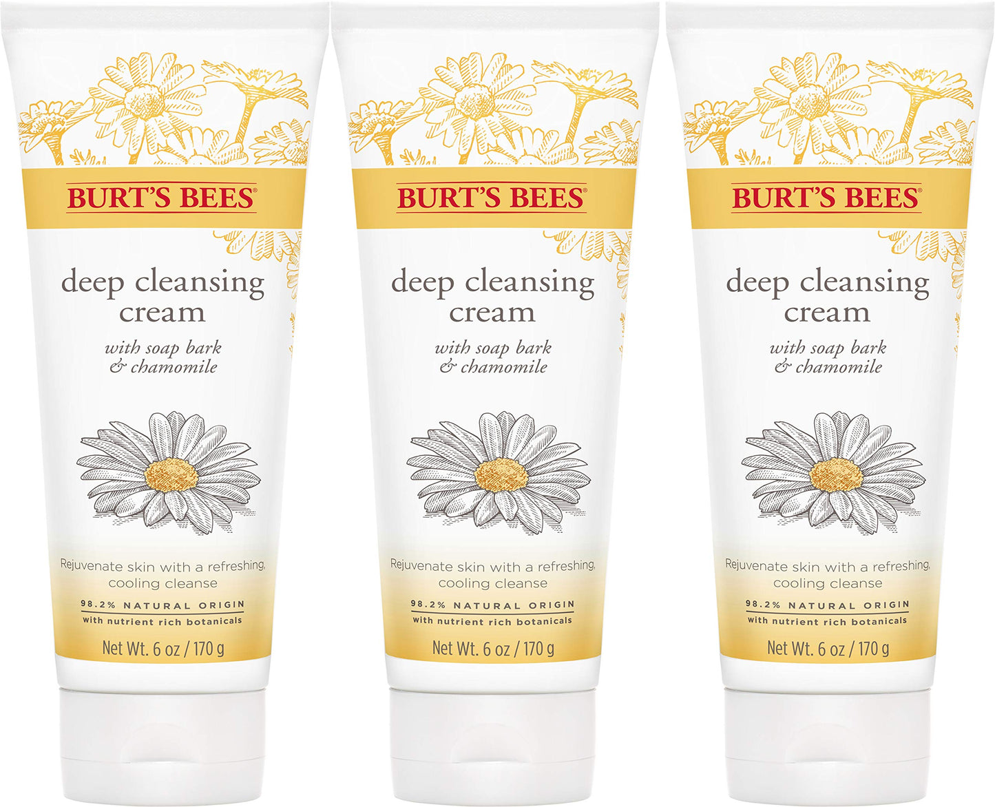 Burt's Bees Face Wash, Deep Facial Cleansing Cream, College Back to School Dorm Essentials, All Natural Cleanser with Chamomile, 6 Ounce (Pack of 3) (Packaging May Vary)