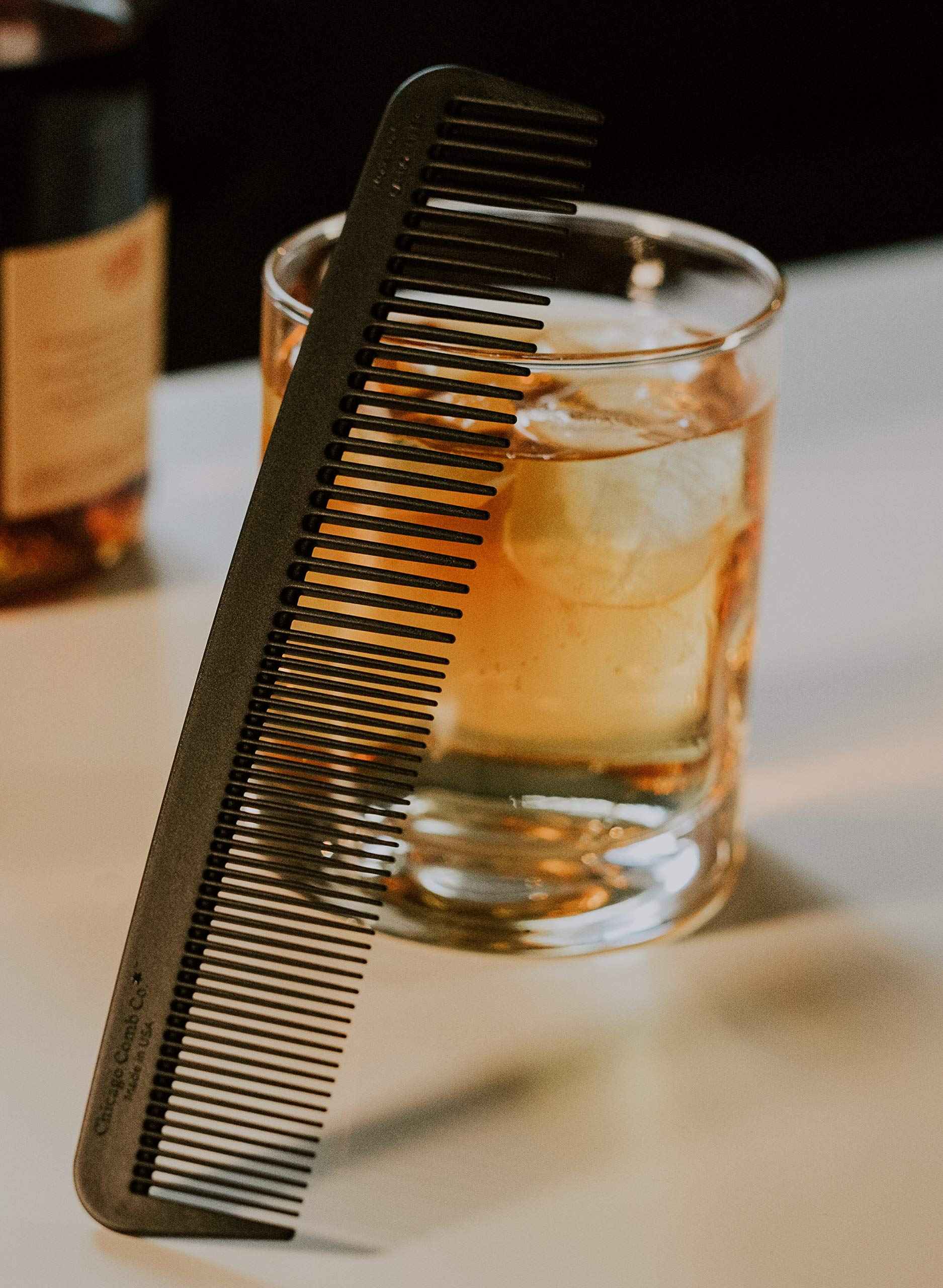 Chicago Comb Model 6 Carbon Fiber Comb + English Tan Horween leather sheath, Made in USA, ultimate styling comb, for men & women, smooth strong & light, anti-static, premium leather sheath