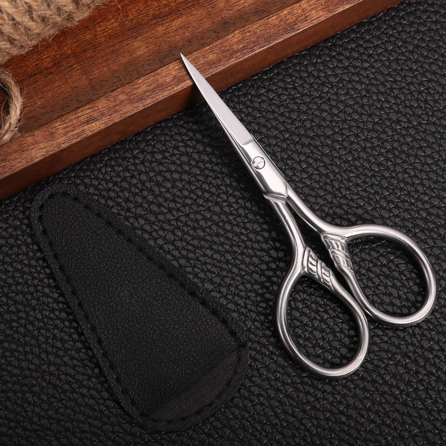 HITOPTY Small Precision Scissors, 3.5inch Stainless Steel Multi-Purpose Vintage Beauty Grooming Kit for Facial Hair, Eyebrow, Eyelash, Beard, Moustache with PU Sheath