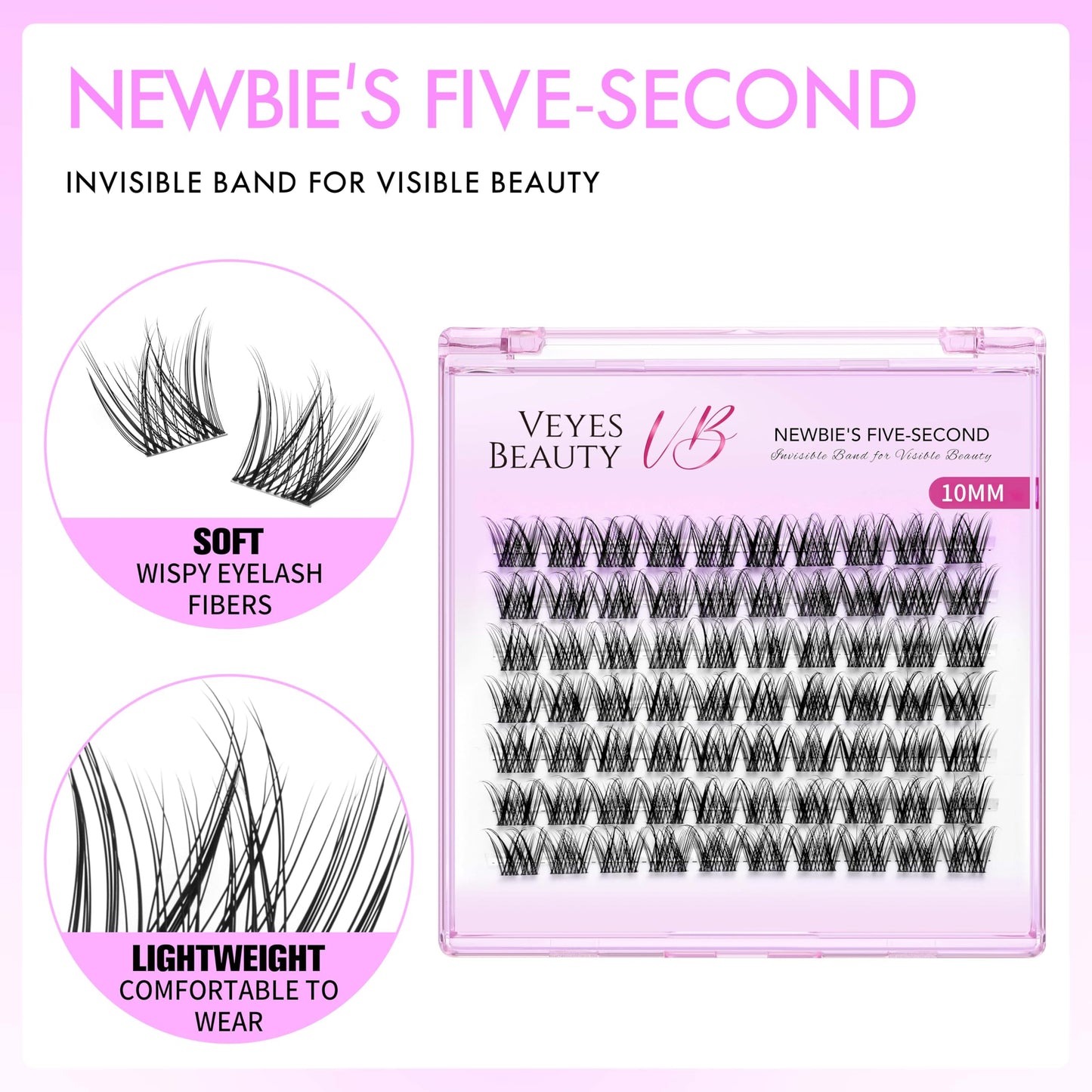 VEYESBEAUTY Lash Clusters Individual Eyelash Extensions Thin & Invisible Band DIY False Eyelashes for Self-application Newbie's Five-Second Series Wispy Lash Tray, LuxeBold 10mm Single Length