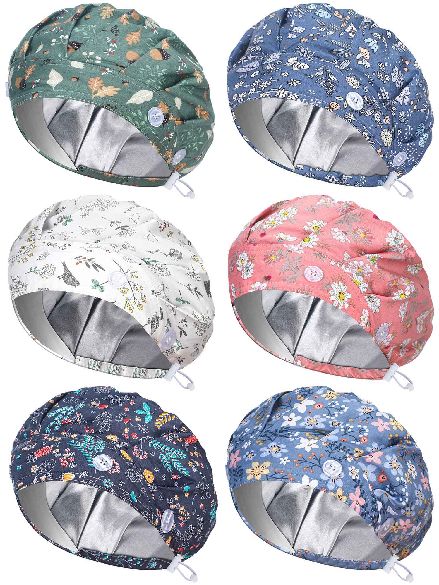 Floraltop 6 Pcs Satin Lined Scrub Caps Women Nurse Surgical Hat with Buttons Ponytail Working Adjustable Pouch Tie Back(Classic Style)
