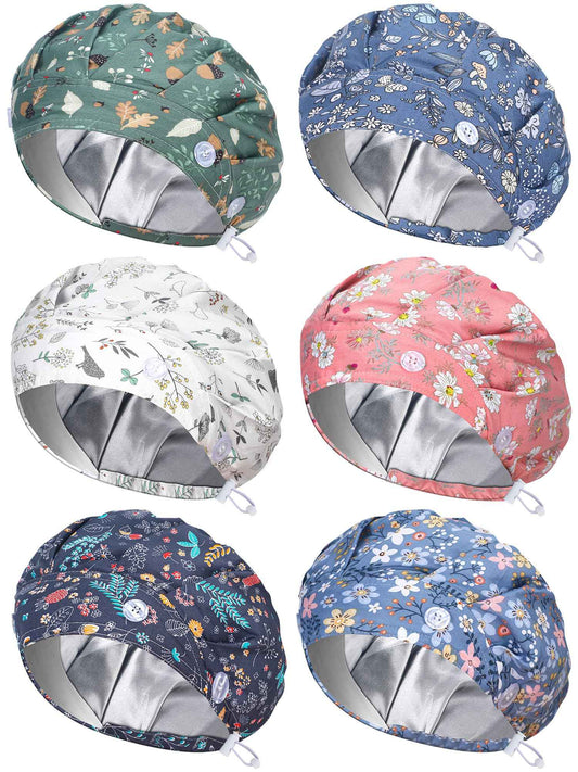 Floraltop 6 Pcs Satin Lined Scrub Caps Women Nurse Surgical Hat with Buttons Ponytail Working Adjustable Pouch Tie Back(Classic Style)