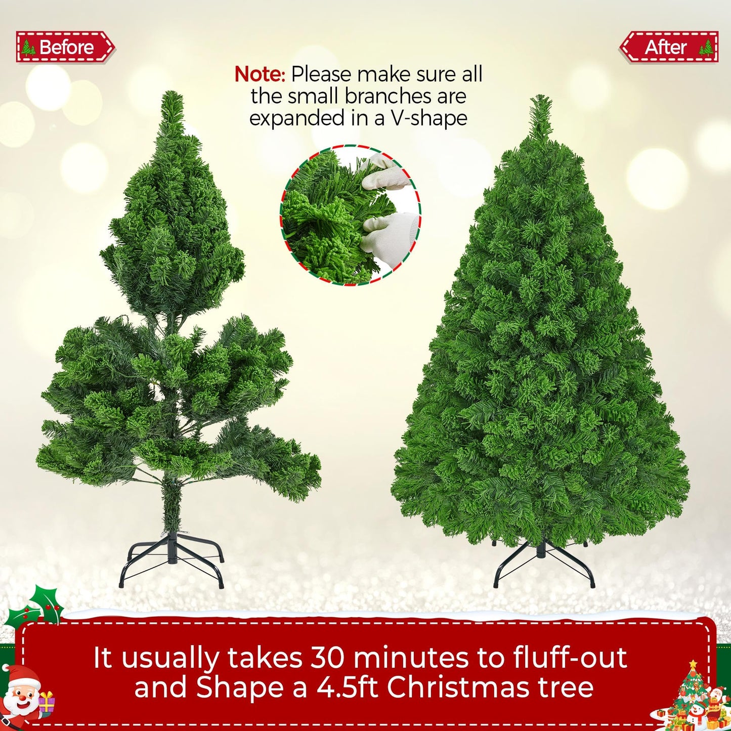 Yaheetech 4.5ft Pre-lit Artificial Christmas Tree with Incandescent Warm White Lights, Snow Flocked Full Prelighted Xmas Tree with 340 Branch Tips, 150 Incandescent Lights & Foldable Stand, Pure Green