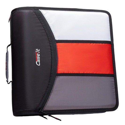 Case-it The Mighty Zip Tab Zipper Binder - 3 Inch O-Rings - 5 Color Tab Expanding File Folder - Multiple Pockets - 600 Sheet Capacity - Comes with Shoulder Strap - Jet Black D-156-N