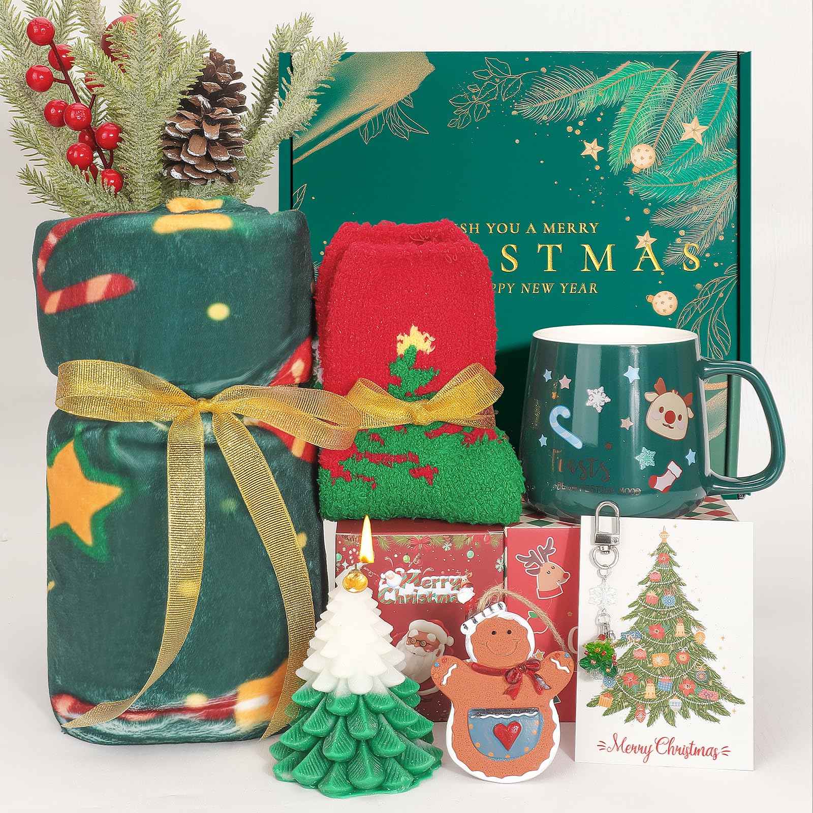 Christmas Gifts Basket for Women 2025 | Christmas Gift Box for Friend, Family | Holiday Gift Set with Christmas Blanket, Santa Mug, Socks | Xmas Present for Mom, Wife, Girlfriend, Sister, Coworker