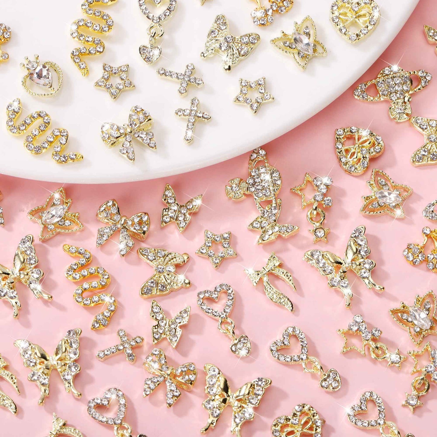 COOSLIM 30 Pcs 3D Y2K Nail Charms, Gold Cross Butterfly Star Cherry Heart Snake Nail Gems Charms, Bows Planet Nail Art Charms Rhinestones for Nail Art Design DIY Accessories B