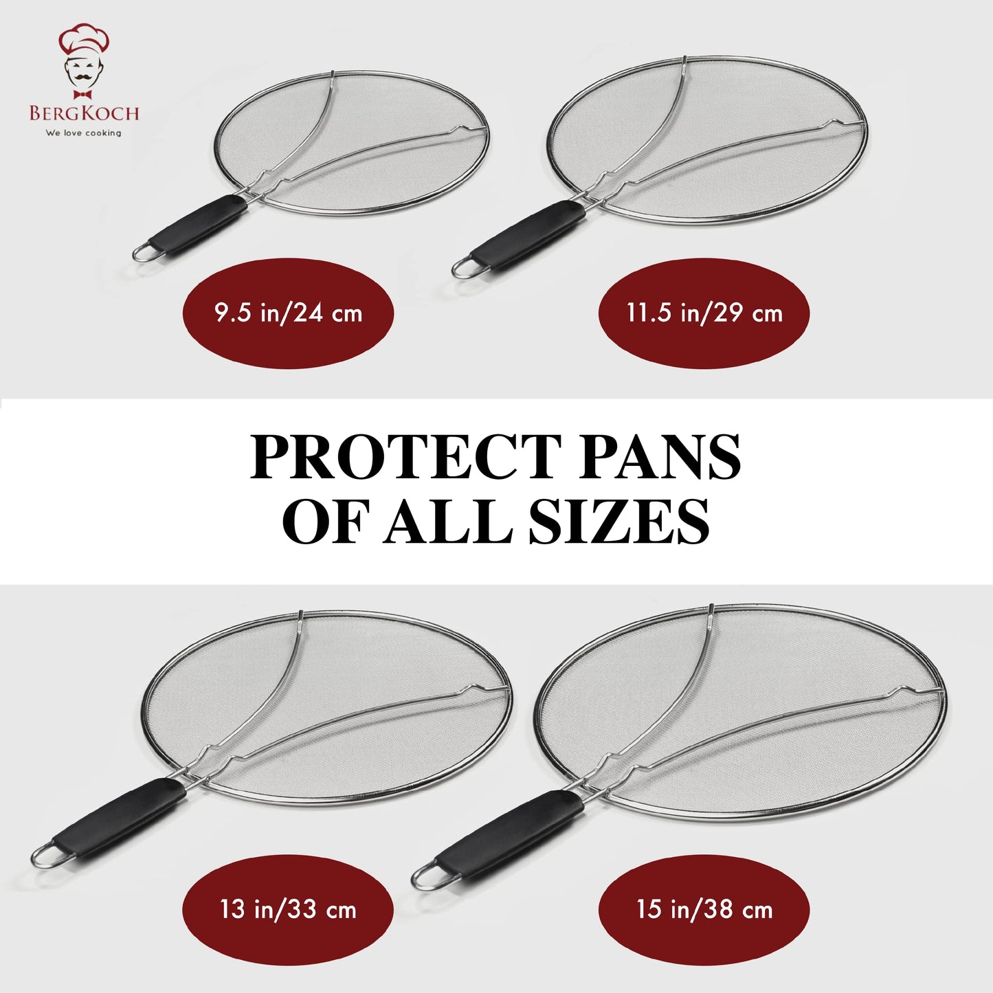 BergKoch Splatter Screen for Frying Pan - 11.5 Inch Stainless Steel Grease Splatter Guard - Cover Oil Splash when Sizzling Bacon, Cooking Fried Chicken or Popcorn