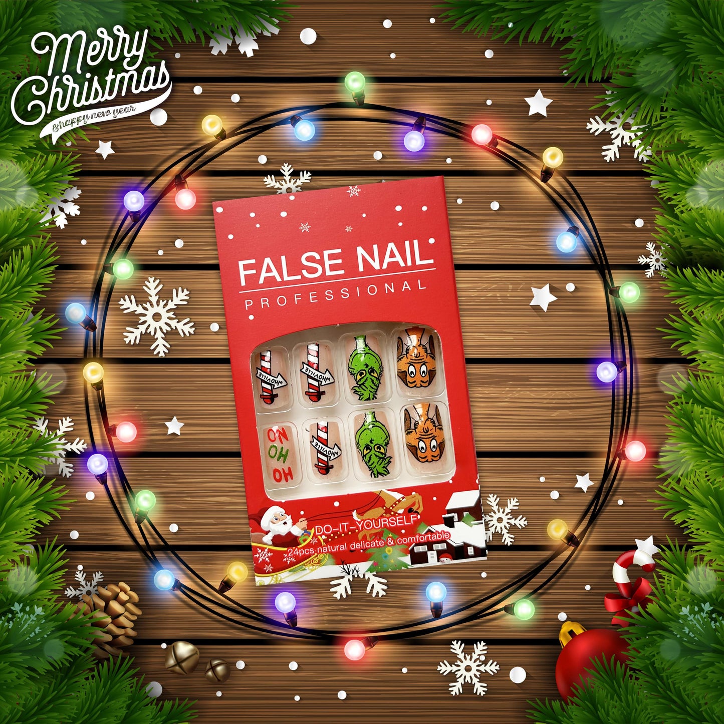 Christmas Fake Nails Medium Square Press on Nails Winter Xmas Acrylic Nails Full Cover False Nails with Green Monster Designs Cute Stick on Nails Gloss Artificial Nails Nail Decorations for Women