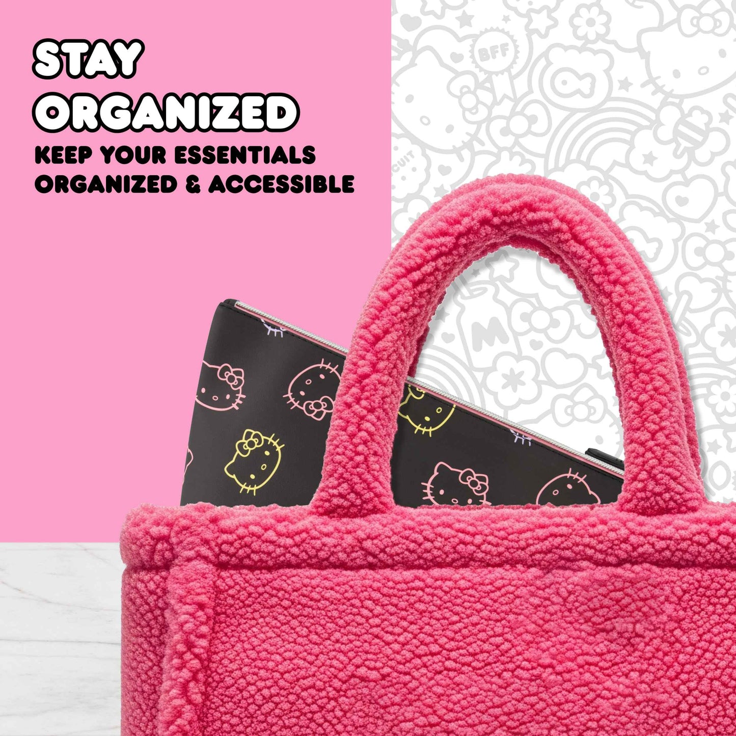 Concept One Hello Kitty Travel Makeup Bag, Trapezoid Cosmetic Organizer Pouch for Women, Black
