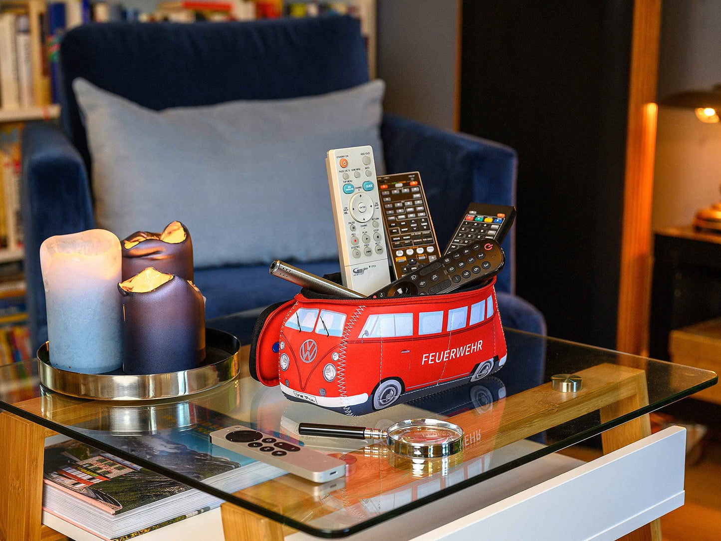 BRISA VW Collection - Volkswagen Neoprene Universal Makeup Cosmetics Toiletry Travel Pharmacy Bag in T1 Bus Design (Firetruck/Red) (Small (9.1 x 4.3 x 3.1 inches))