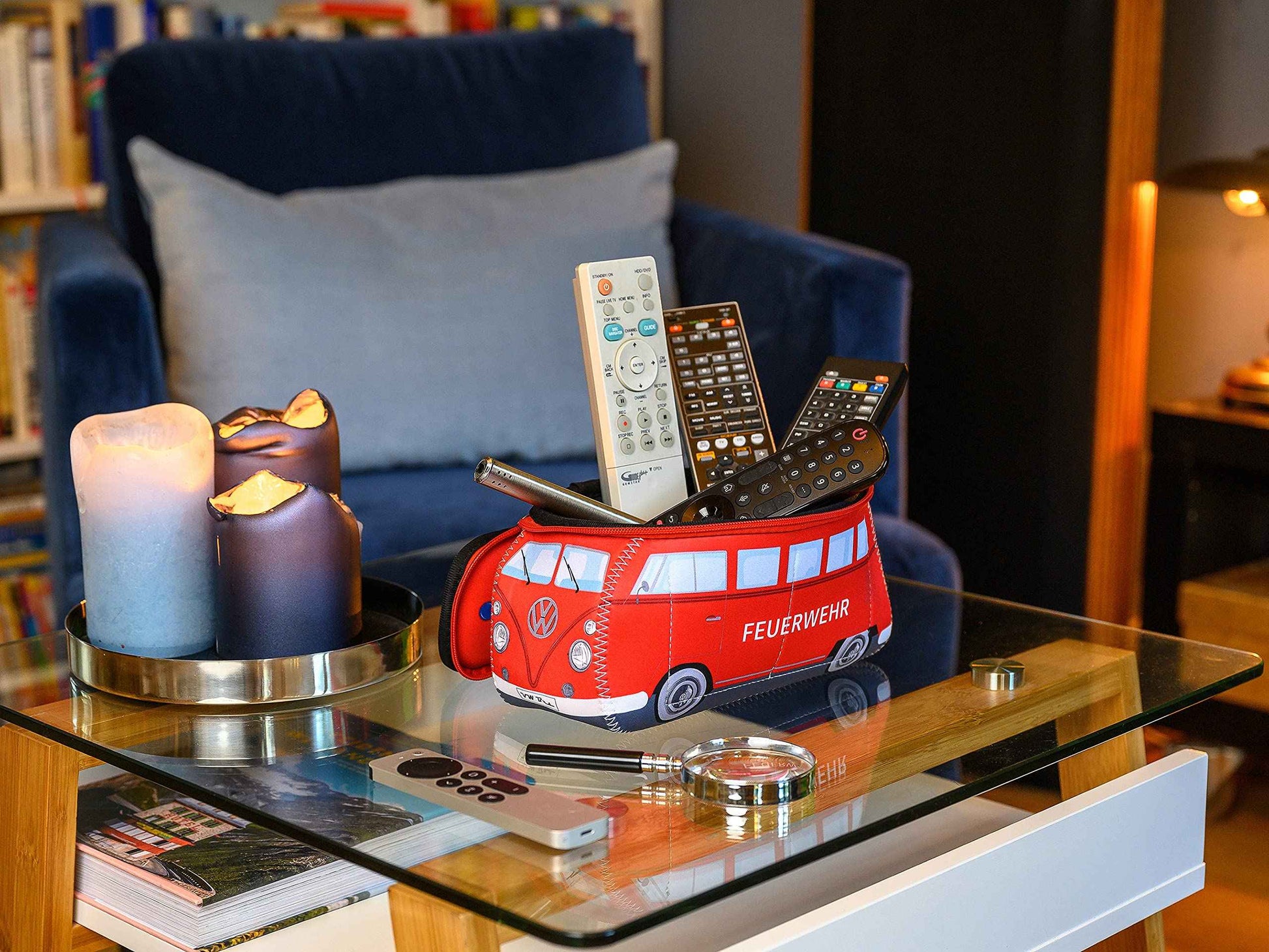 BRISA VW Collection - Volkswagen Neoprene Universal Makeup Cosmetics Toiletry Travel Pharmacy Bag in T1 Bus Design (Firetruck/Red) (Small (9.1 x 4.3 x 3.1 inches))