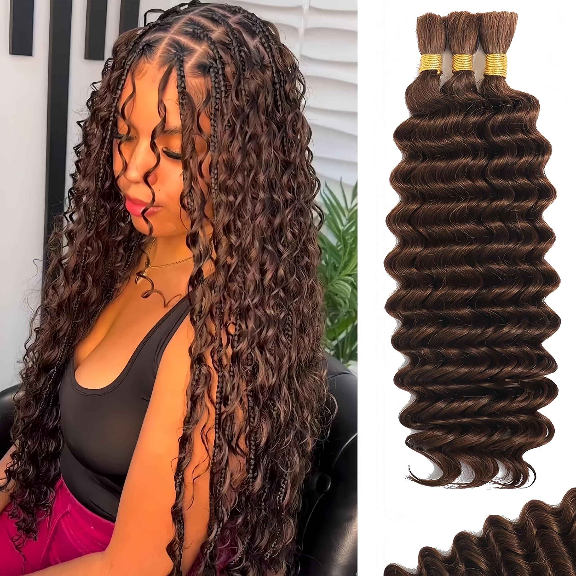 Human Braiding Hair for Boho Braids 120g 12A Deep Water Wave Bulk Human Hair Knotless Boho Braiding Curly 100% Virgin No Weft Extensions Bohemian Braids 3 Bundles/Pack Chocolate Brown 14 Inch