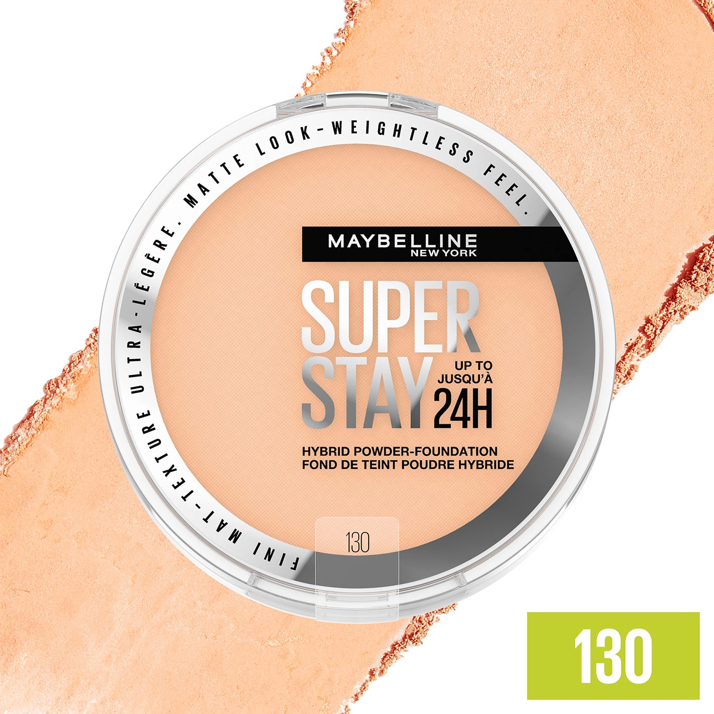 Maybelline Super Stay Up to 24HR Hybrid Powder-Foundation, Medium-to-Full Coverage Makeup, Matte Finish, 130, 1 Count