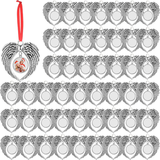 Christmas Sublimation Ornament Blanks Angel Wings Ornament Xmas Hot Transfer Printing Consumables Supplies Angel Wing Photo Pendants Necklaces with Ropes Christmas Tree Party Favor (48 Pieces)