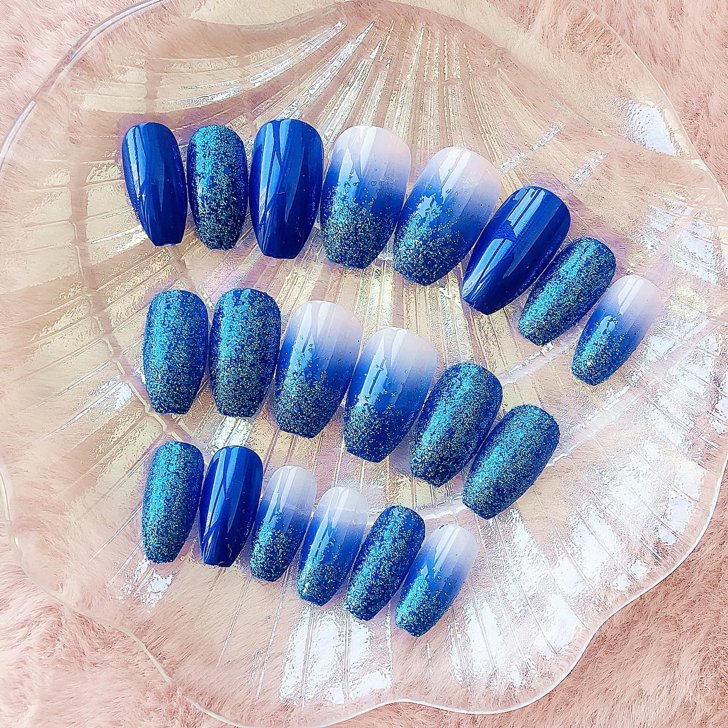 Sokfone Press on Nails Medium Coffin False Nails Blue Glitter Fake Nails Gradient with Design Stick Glue on Nails Full Cover Reusable Nail Decorations for Women 24Pcs