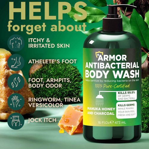 Antibacterial Body Wash | Antifungal Soap for Men & Women | Kills 99.9% of Germs & Bacteria | Helps with Back Acne, Body Odor, Jock Itch & Skin Irritation | Manuka Honey & Charcoal, 16 fl oz