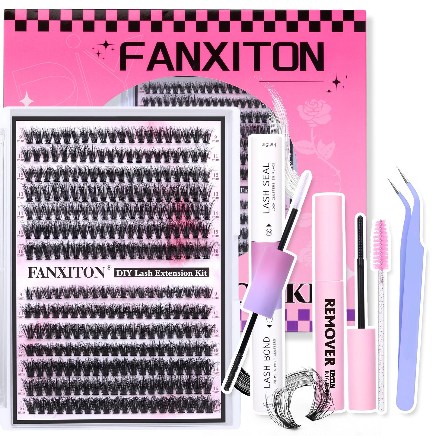 DIY Lash Extension Kit Fluffy 40D+50D Volume Lash Clusters Kit with Lash Bond and Seal 280pcs Thick Individual Lashes 9-16mm D Curl Mink Lashes Cluster, Lash Cluster Remover and Tweezers by FANXITON