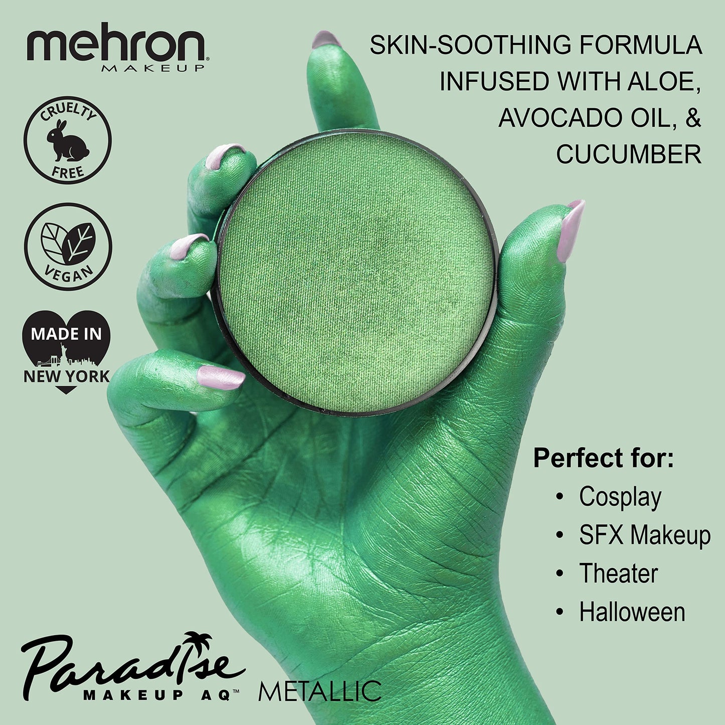 Mehron Makeup Paradise Makeup AQ Pro Size | Stage & Screen, Face & Body Painting, Special FX, Beauty, Cosplay, and Halloween | Water Activated Face Paint & Body Paint 1.4 oz (40 g) (Metallic Green)