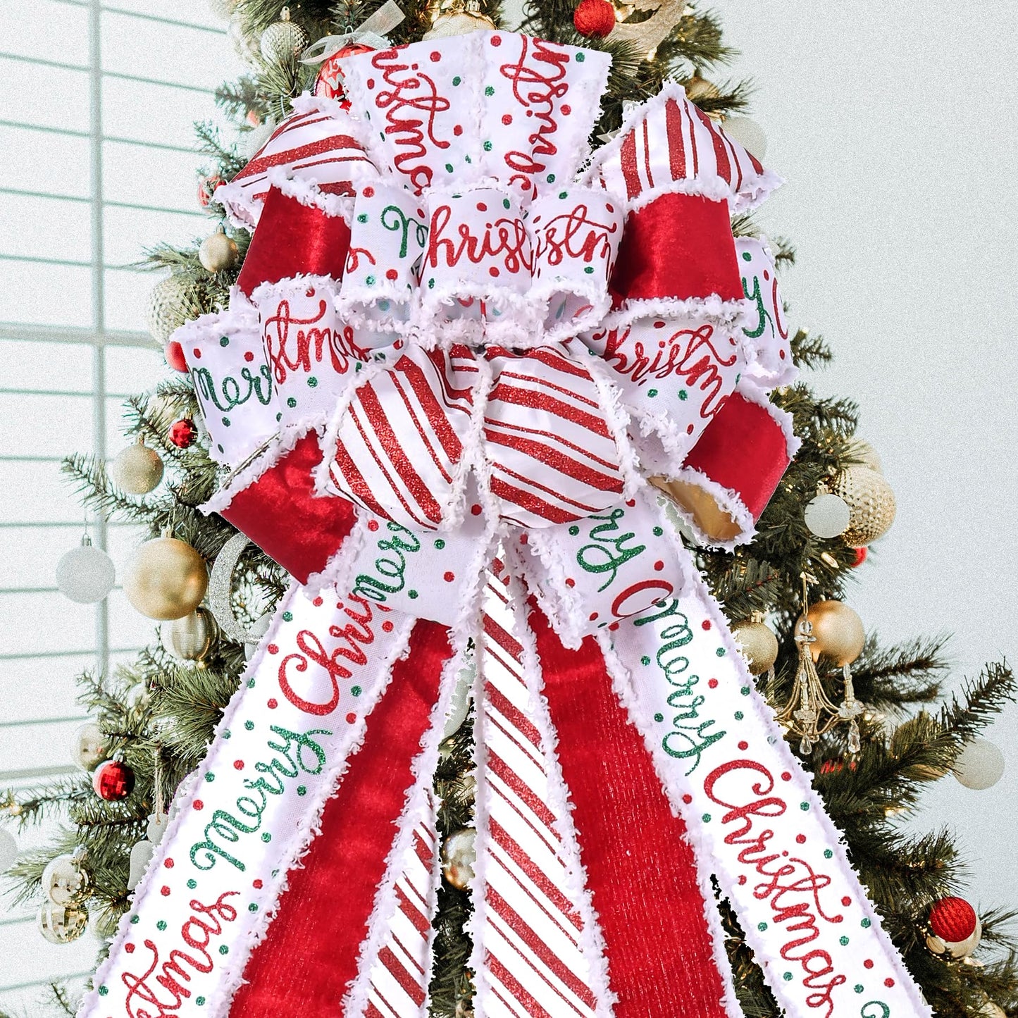 Christmas Tree Topper Bow Christmas Wreath Bow 45x12 Inches Large Burlap with White Red Polyester Edge Gift Bow for Xmas Tree Décor Christmas Home Indoor Outdoor Decoration