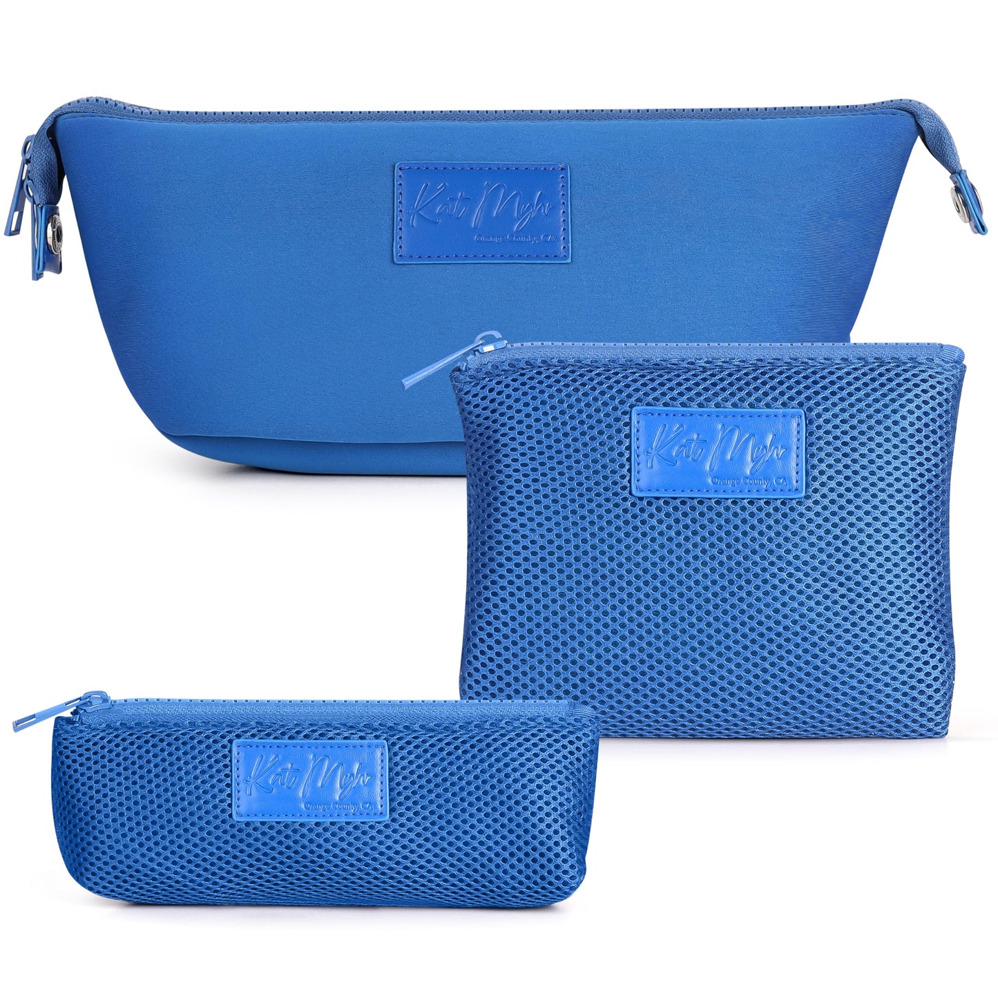 Kat Myhr Neoprene Washable Travel Makeup & Cosmetic Bag Set, 2 Air Mesh Pouches,100% Neoprene Toiletry Bag, Large Water Resistant Travel Bag for Toiletries, Makeup Cosmetic Travel Bag (Royal Blue)