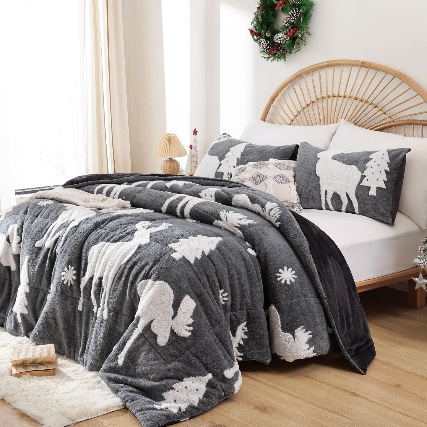 JANZAA Christmas Bedding Queen Comforter Set with Christmas Tree and Deer Stereoscopic on Grey Comforter Soft Velvet Comforter Set