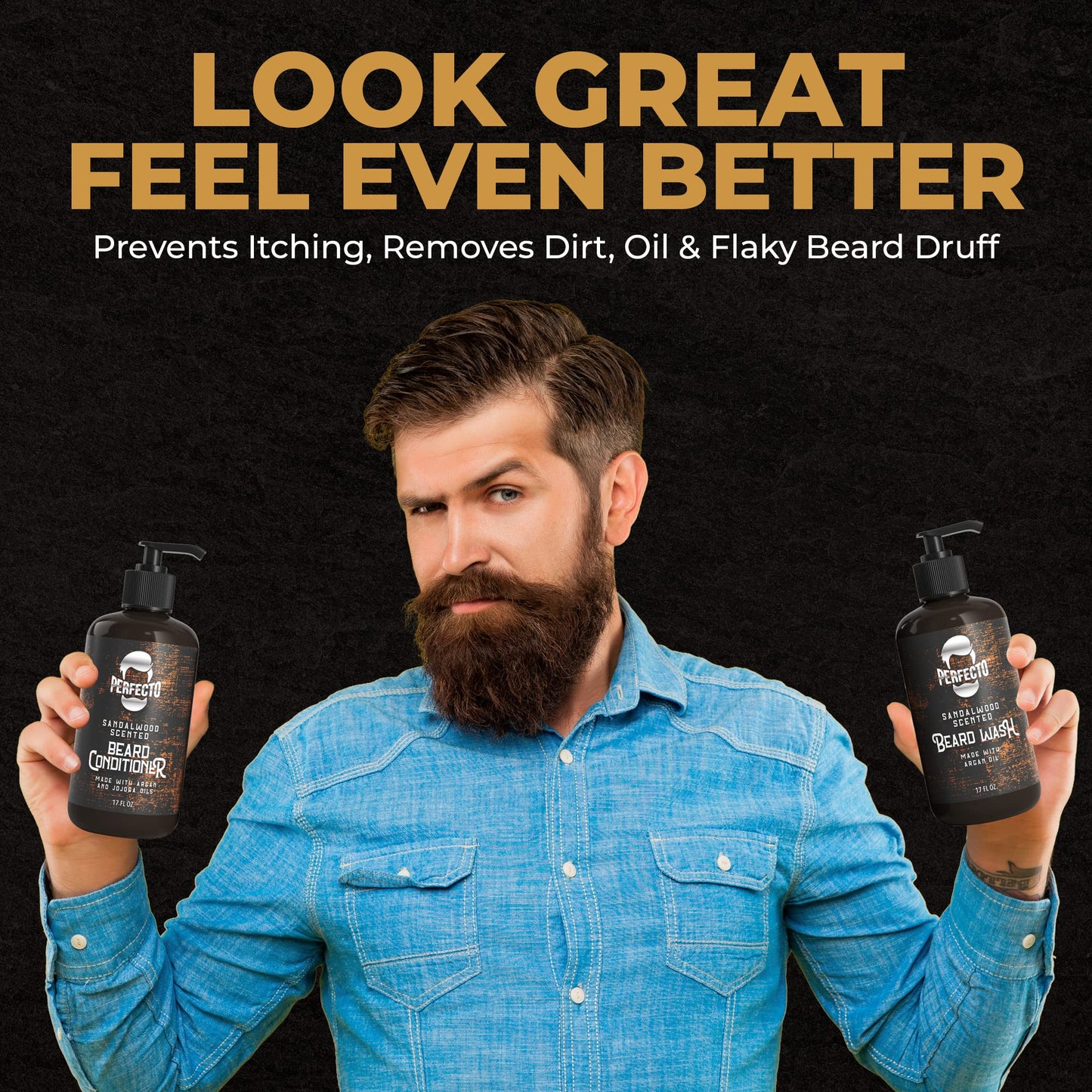 Perfecto Beard Wash & Beard Conditioner Set with Argan and Jojoba Oils - Strengthens and Softens - Natural Sandalwood Scent