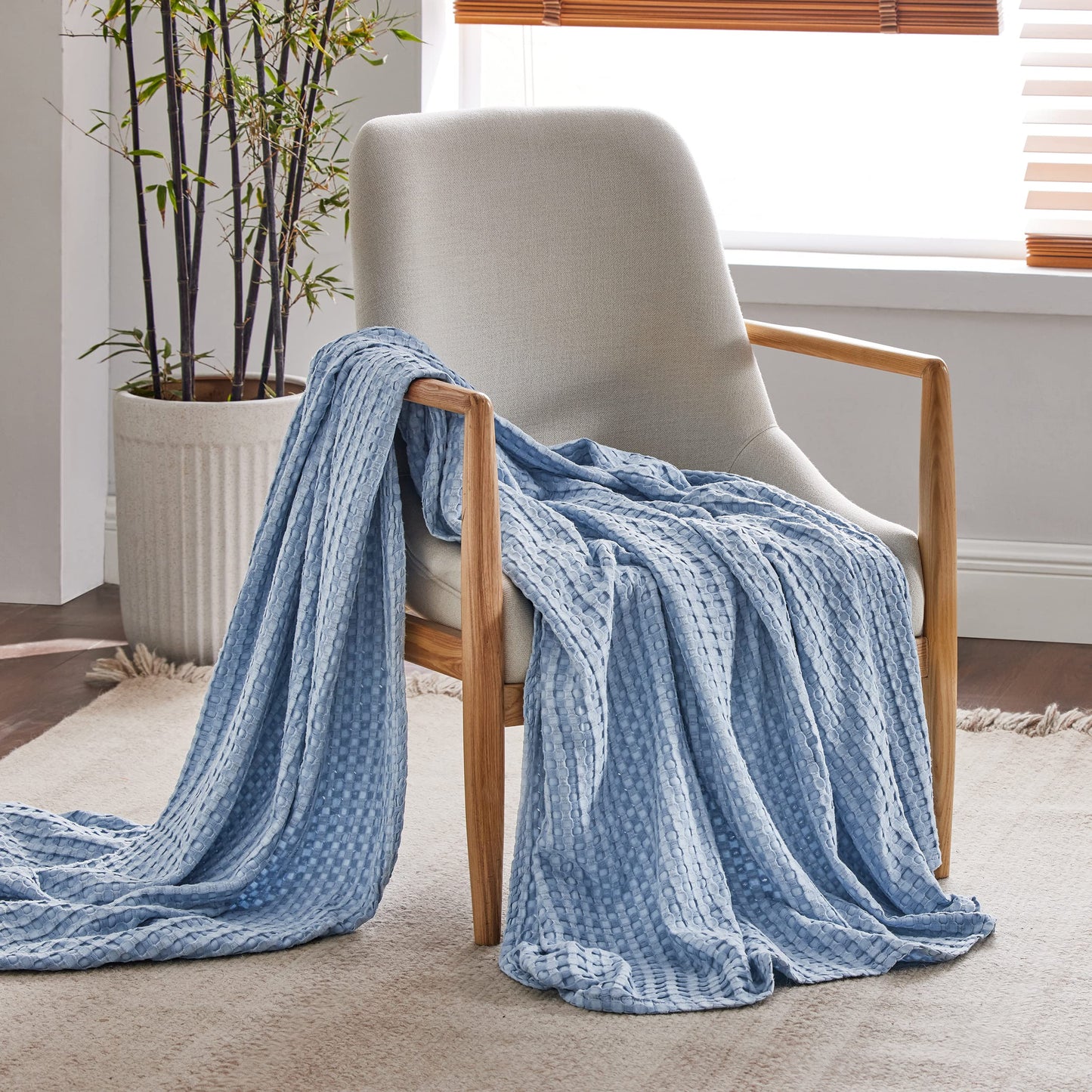 Bedsure Cooling Cotton Waffle Weave Blanket - Lightweight Breathable Blanket of Rayon Derived from Bamboo for Hot Sleepers, Luxury Throws for Bed, Couch and Sofa, Sky Blue, 50x70 Inches