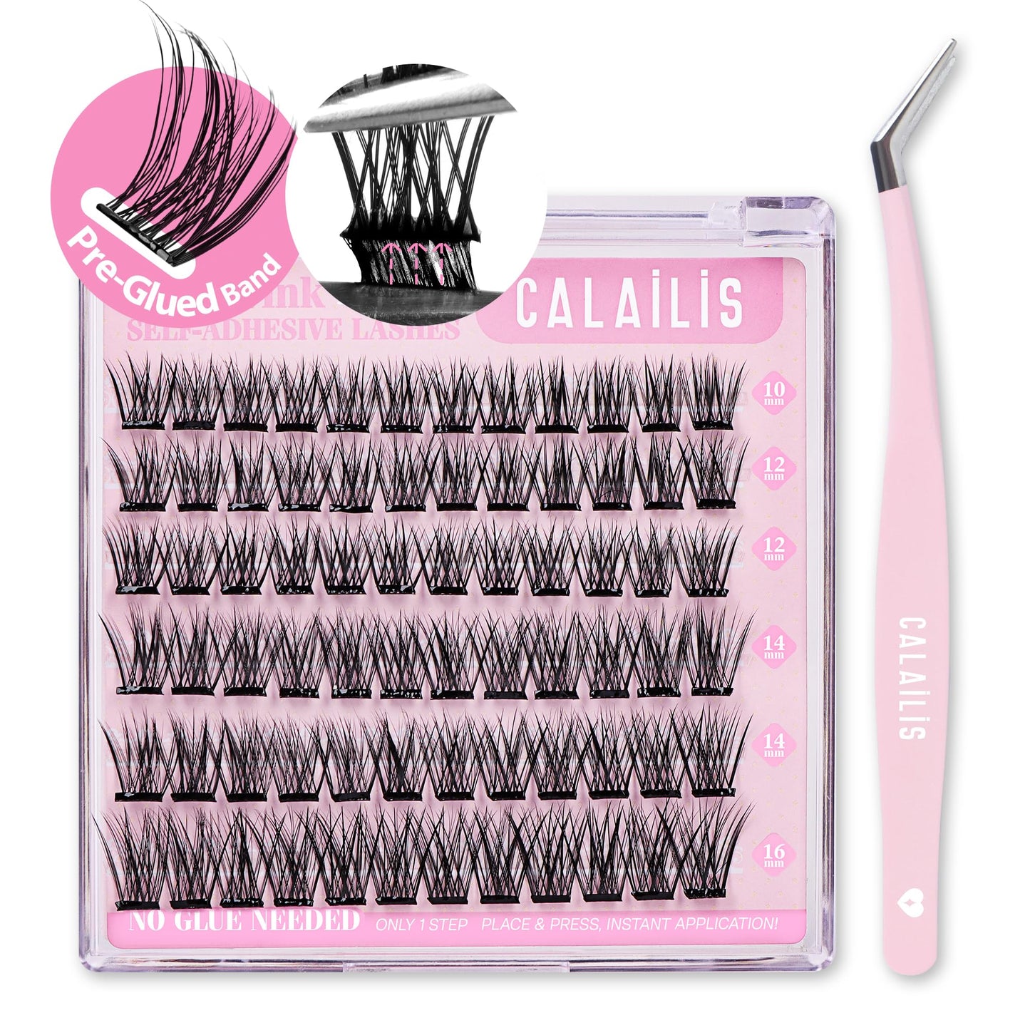 CALAILIS Self Adhesive Eyelashes 72Pcs Lash Clusters Press On Lashes, No Glue Needed Reusable DIY Eyelash Extensions Kit Pre Glued Eyelash Clusters with Lash Tweezers(Z08,D-10-16mix)