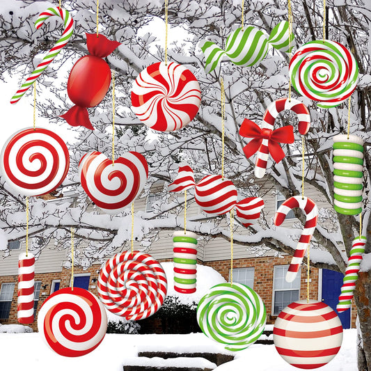 20 Pcs Christmas Outdoor Yard Signs Ornaments Double Sided Christmas Peppermint Candy Gingerbread Hanging Ornament Large Candy Yard Decoration Christmas Tree Decorations for Candy Party(Candy Style)