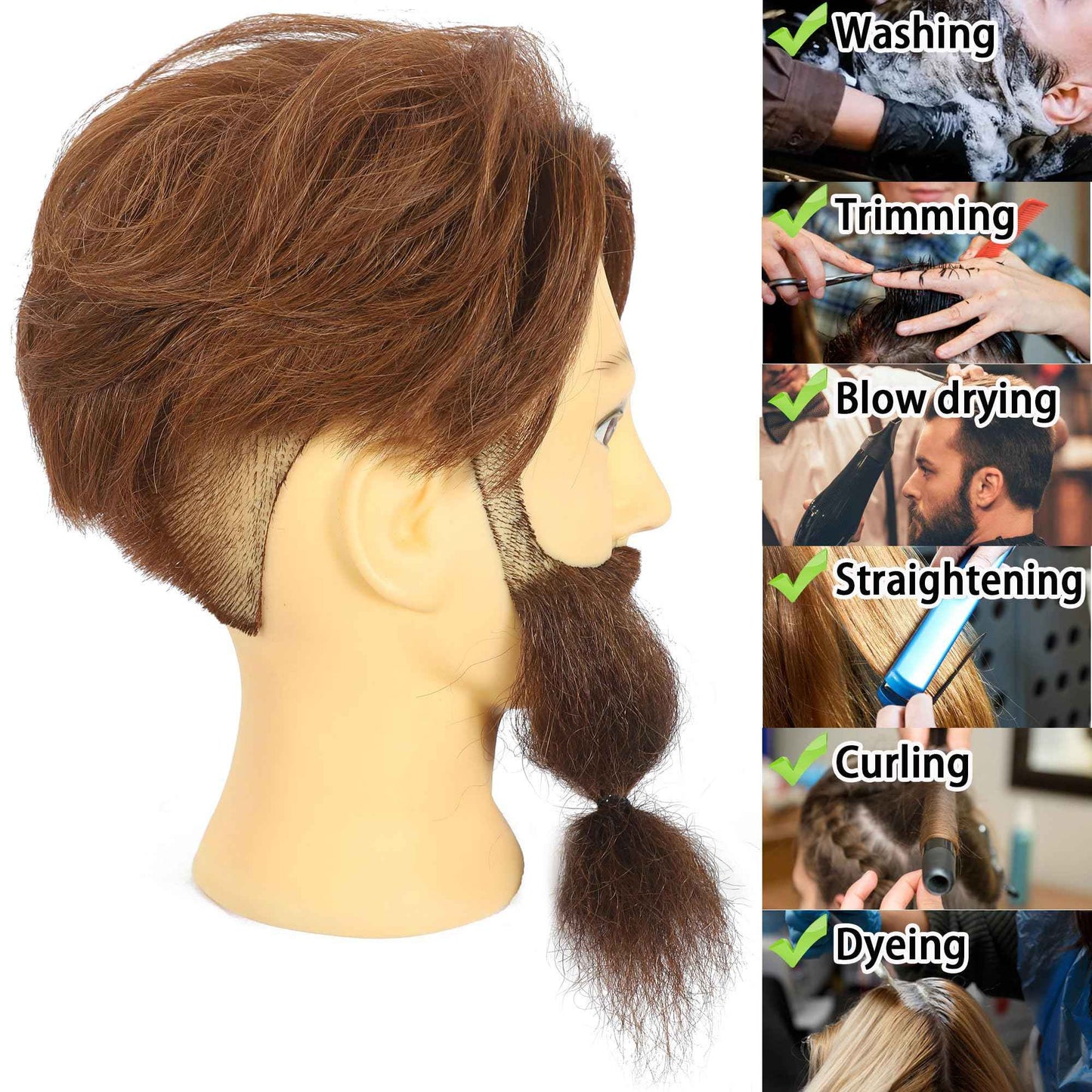 TKIMHEQ Male Mannequin Head with Beard 100% Human Hair Haircut Training Head for Cosmetology Straight Thick Hair Manikin Head Doll Head with Stand Practice Cutting Styling (6 Inches Beard Brown#)
