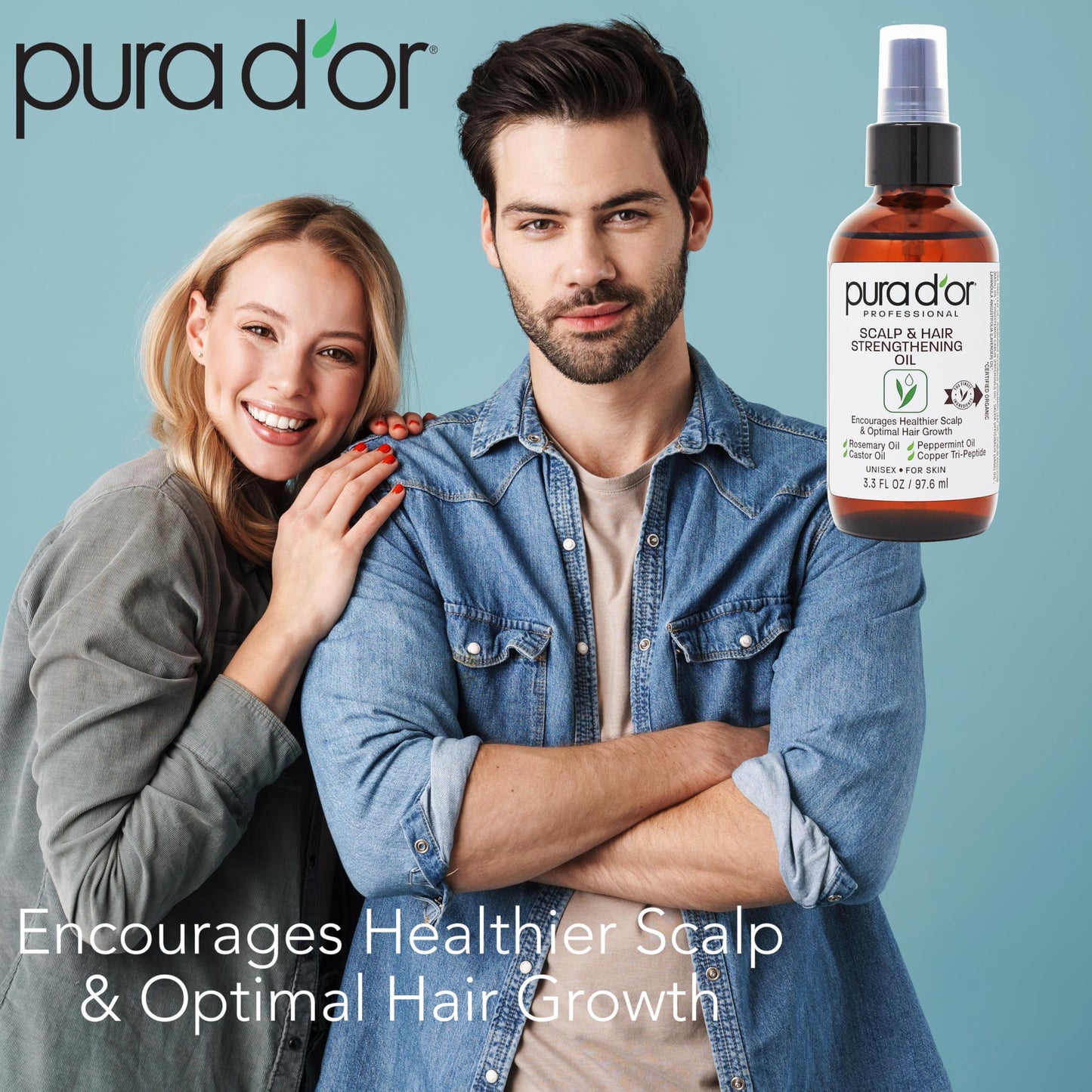 PURA D'OR Scalp & Hair Strengthening Oil (3.3oz x2 = 6.6oz) Supports Optimal Growth, Reduce Breakage, Nourish Roots for Healthier, Fuller, Thicker Hair - Rosemary, Castor & Peppermint Oil