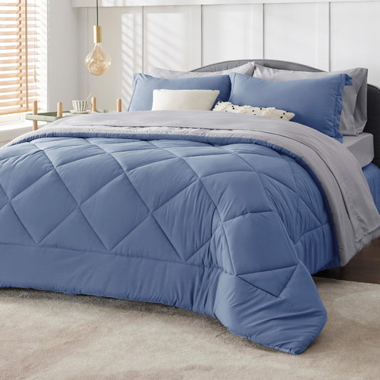 Bedsure Infinity Blue Twin Comforter Set - 5 Pieces Reversible Twin Bed in a Bag, Extra Long Twin Bed Set Infinity Blue and Grey with Comforters, Sheets, Pillowcase & Sham