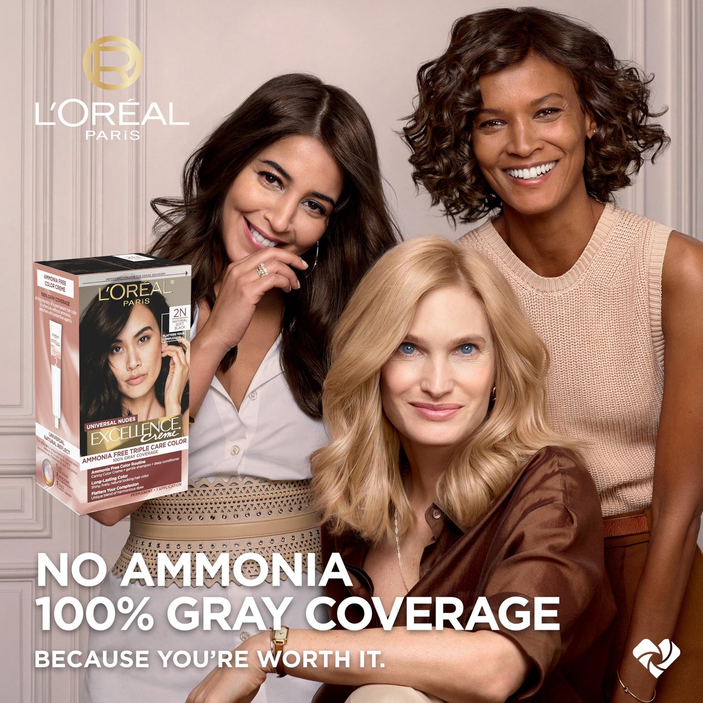 L’Oréal Paris Excellence Universal Nudes Permanent Hair Color, Ammonia Free Hair Dye for Gray Hair Coverage, 2N Natural Soft Black, 1 Hair Dye Kit