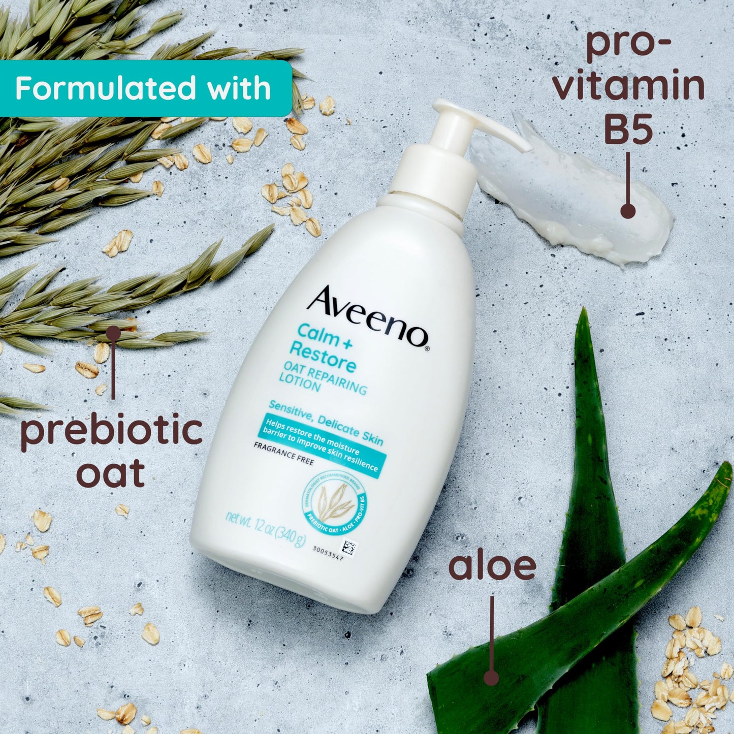 Aveeno Calm + Restore Oat Repairing Body Lotion for Sensitive Skin, Daily Moisturizer with Prebiotic Oat, Aloe & Pro-Vitamin B5 Helps Restore Skin's Moisture Barrier, Fragrance Free, 12 oz