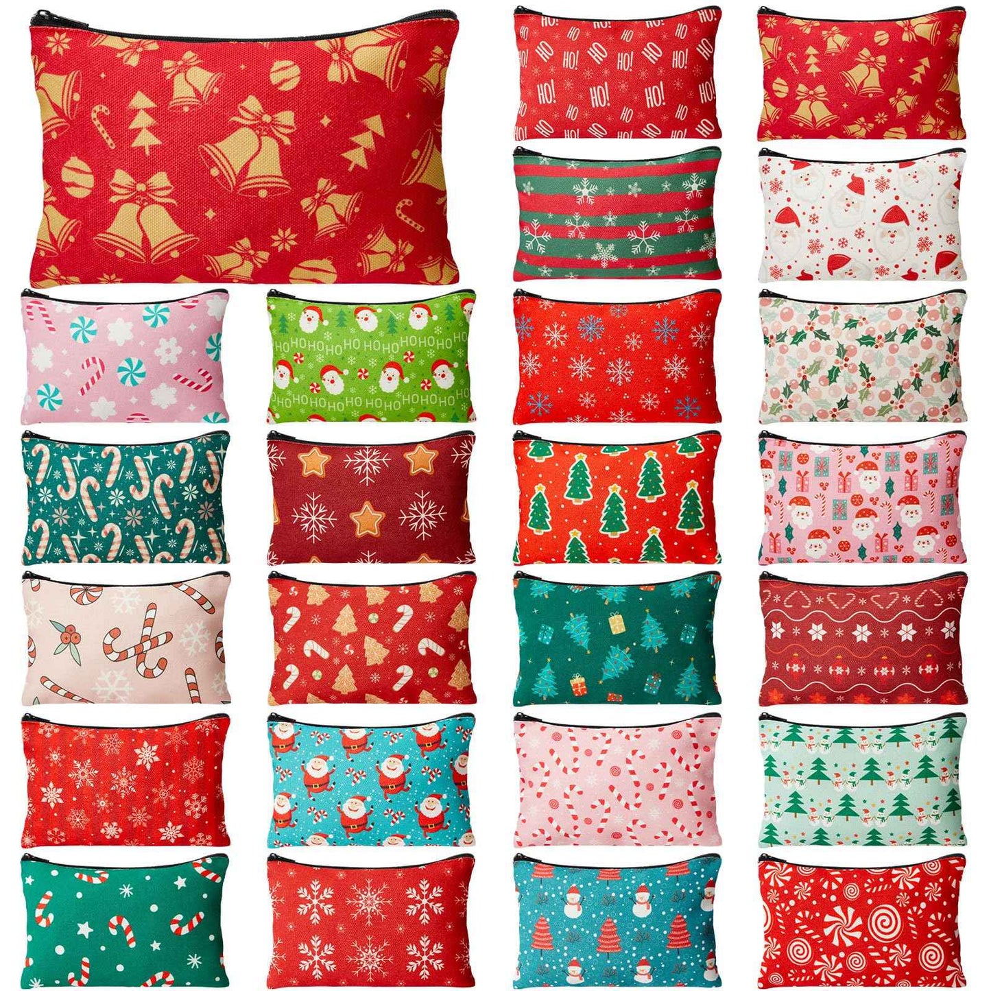 Meanplan 24 Pcs Christmas Makeup Bags Bulk Gifts Holiday Cosmetics Storage Bags Xmas Tree Santa Snowman Candy Cane Purse Double Sided Zipper Pouch for Women Travel Holiday Goodie Present