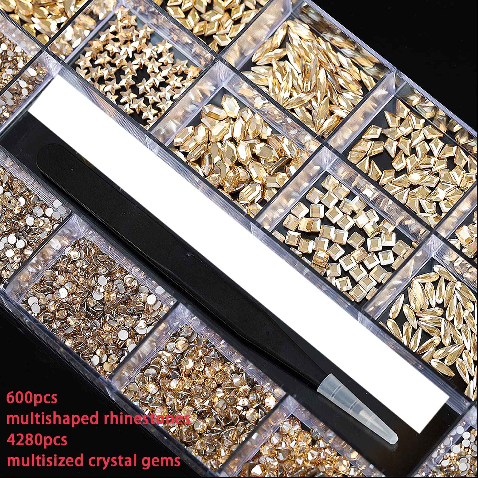 4880Pcs Champagne Rhinestones for Nails, Gold Crystal Nail Rhinestones Round Beads Flatback Glass Gems Stones, Multi Shapes 3D Nail Crystals for Nail Art DIY Crafts Clothes Shoes Jewelry