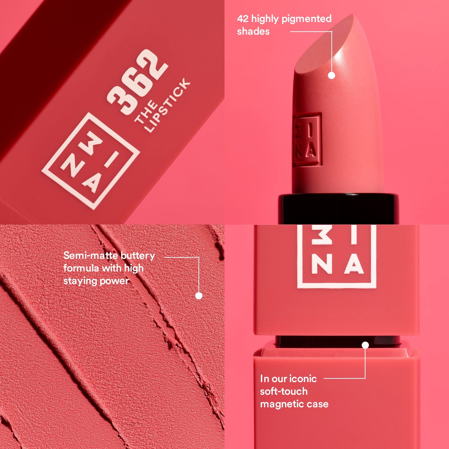 3INA The Lipstick 241 - Outstanding Shade Selection - Matte And Shiny Finishes - Highly Pigmented And Comfortable - Vegan And Cruelty Free Formula - Moisturizes The Lips - Matte Coral Red - 0.16 Oz